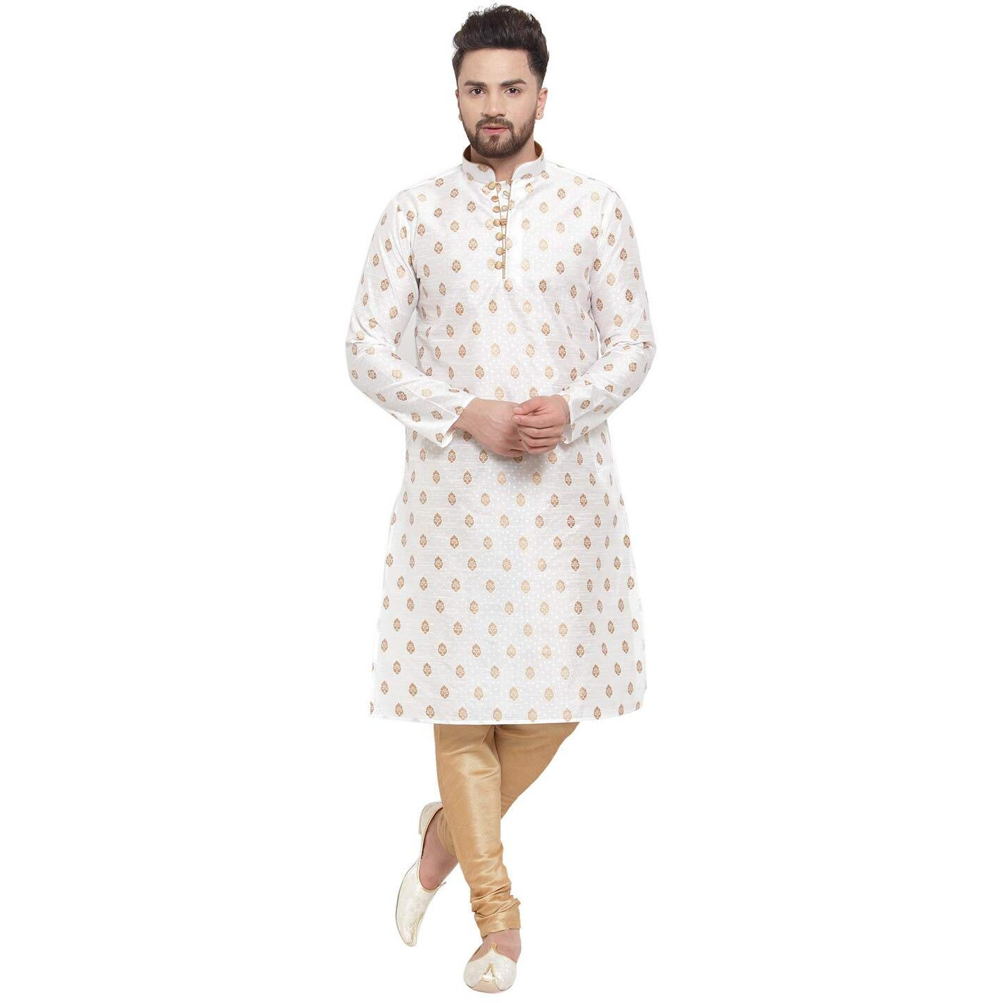 Larwa Mens Silk Kurta Pyjama Set (White Ganesh Jacq K Gold Pyj Lup+B_White_44)