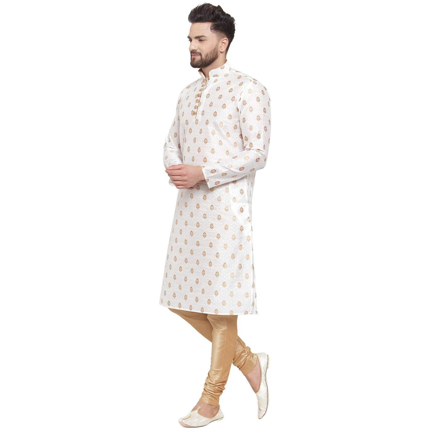 Larwa Mens Silk Kurta Pyjama Set (White Ganesh Jacq K Gold Pyj Lup+B_White_44)