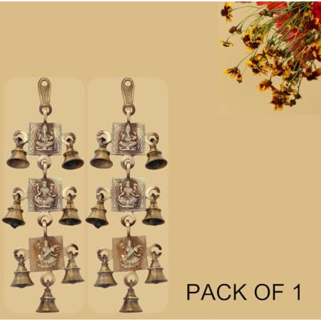 Jaszz Art Laksmi Ganesh Saraswati Bell Pair Antique Brass Hanging Bells for pooja gift Home Decor with Ghanti Handmade puja article for Festival Vastu Navratri (Pack of 1)