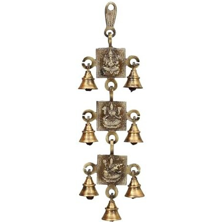 Jaszz Art Laksmi Ganesh Saraswati Bell Pair Antique Brass Hanging Bells for pooja gift Home Decor with Ghanti Handmade puja article for Festival Vastu Navratri (Pack of 1)