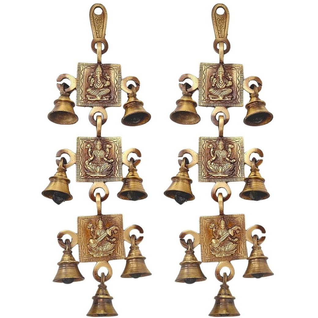 Jaszz Art Laksmi Ganesh Saraswati Bell Pair Antique Brass Hanging Bells for pooja gift Home Decor with Ghanti Handmade puja article for Festival Vastu Navratri (Pack of 2)