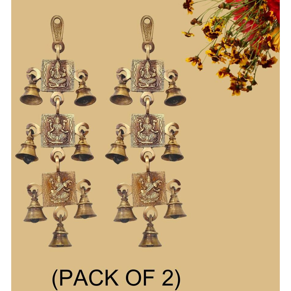 Jaszz Art Laksmi Ganesh Saraswati Bell Pair Antique Brass Hanging Bells for pooja gift Home Decor with Ghanti Handmade puja article for Festival Vastu Navratri (Pack of 2)