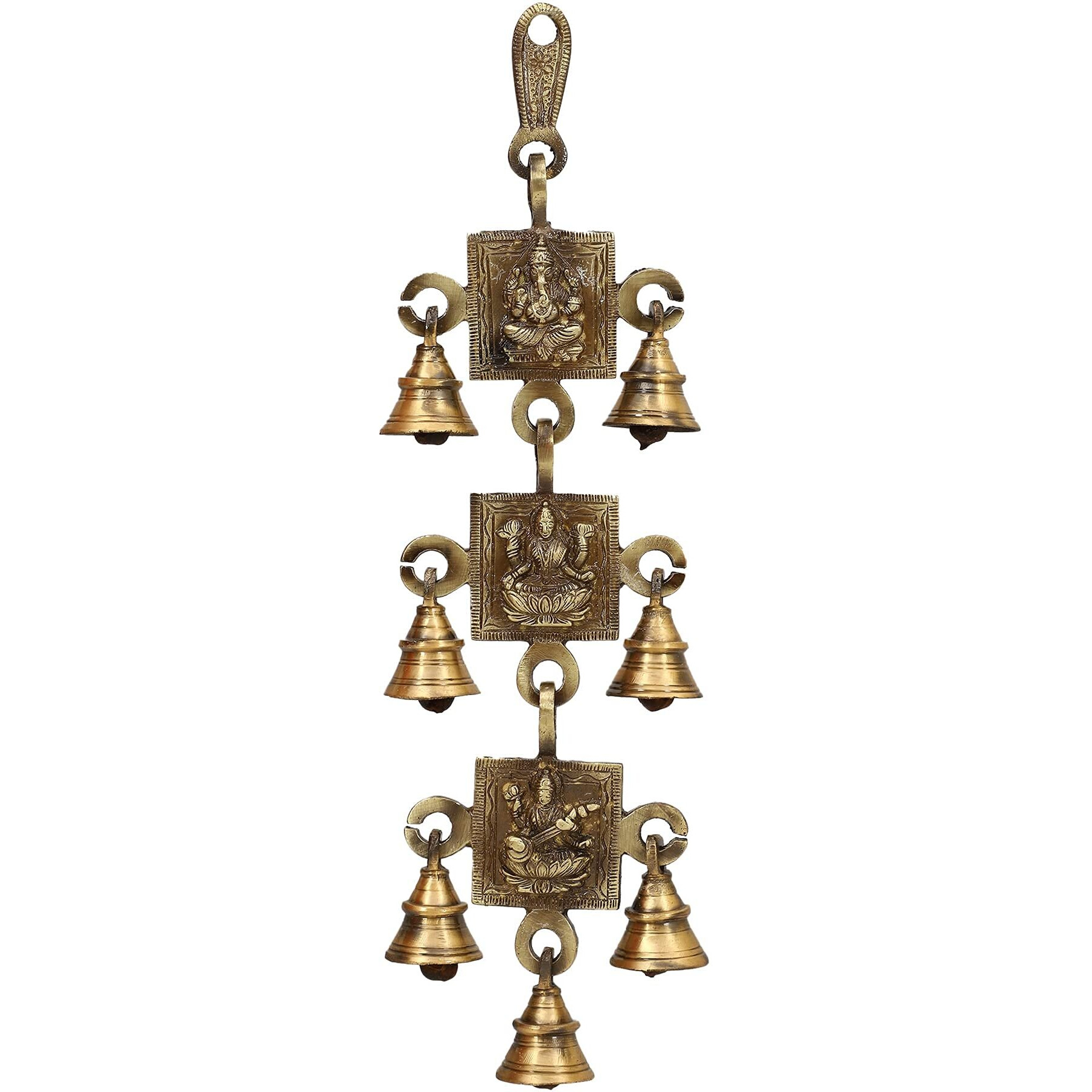Jaszz Art Laksmi Ganesh Saraswati Bell Pair Antique Brass Hanging Bells for pooja gift Home Decor with Ghanti Handmade puja article for Festival Vastu Navratri (Pack of 2)