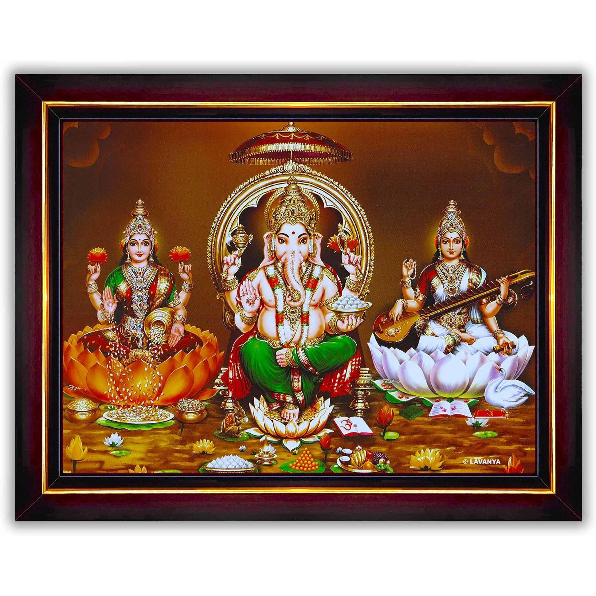 Pavan Photo Laminations Lakshmi Devi Ganesha Saraswati Ganesh Hanging Wall Painting Framed Home Decor (Wood,Matte,Brown,Small Size,6 x 8 Inch) B382S