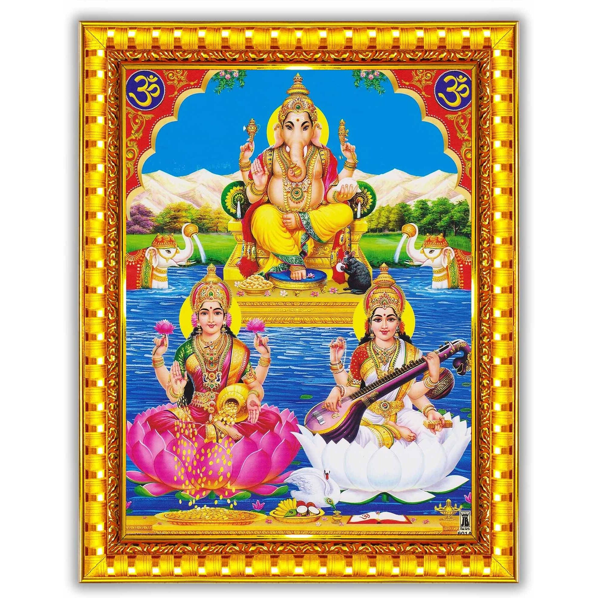 Pavan Photo Laminations Lakshmi Devi Ganesha Saraswati Ganesh Hanging Wall Painting Framed Home Decor (Wood,Matte,Gold,Big Size,10 x 12 Inch) R383M