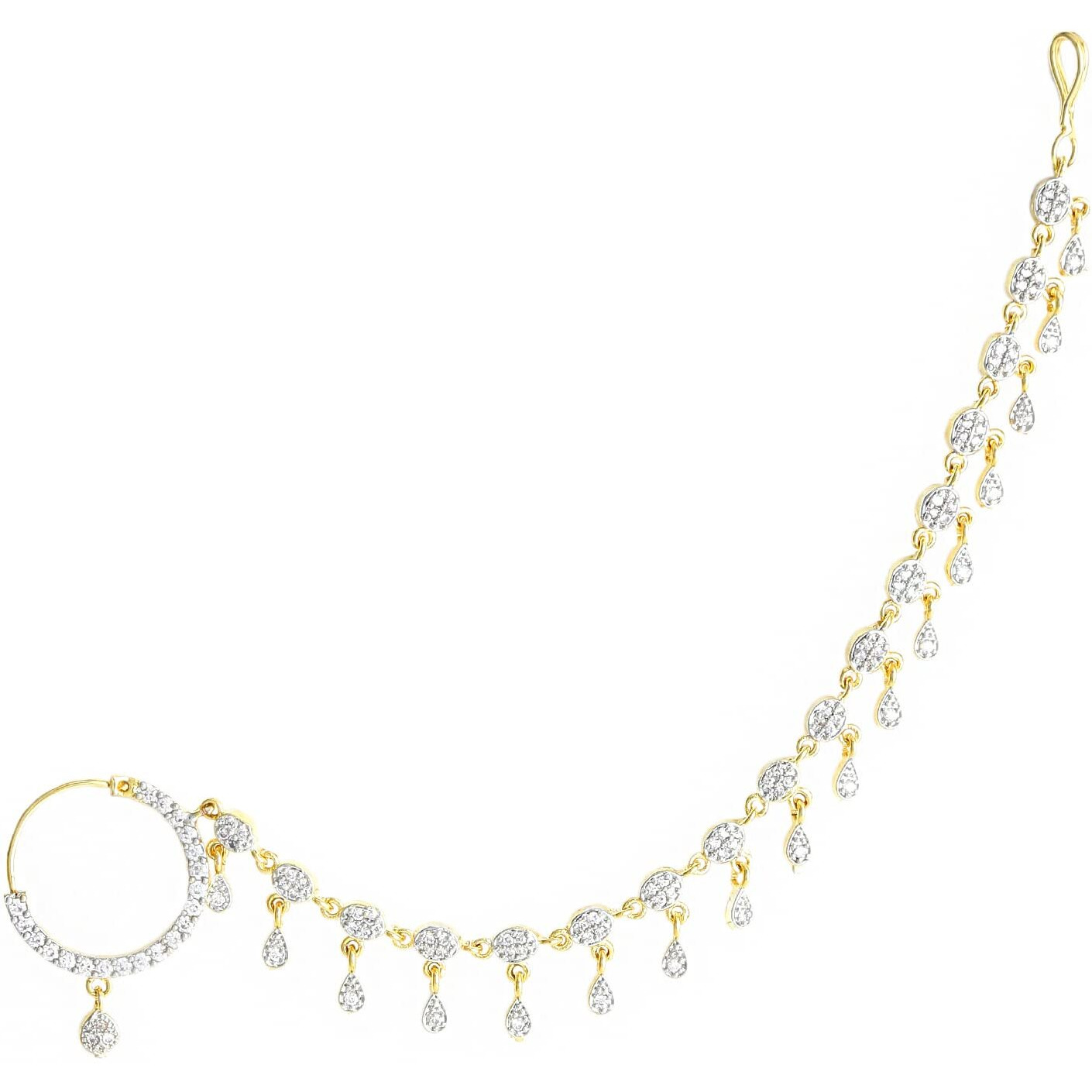 Yellow Chimes Nose Rings for Women Gold-Plated Traditional Nose Pins White American Diamond Chained Nose Ring for Women and Girls.