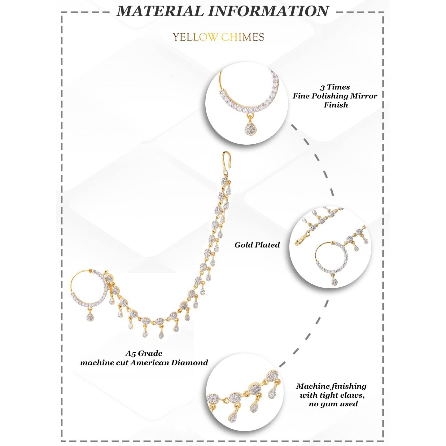 Yellow Chimes Nose Rings for Women Gold-Plated Traditional Nose Pins White American Diamond Chained Nose Ring for Women and Girls.