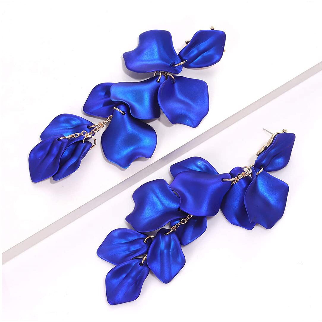 Yellow Chimes Elegant Latest Fashion Gold Plated Royal Blue Colour Flower Petals Design Dangler Earrings for Women and Girls, Medium (Model Number YCFJER-PETLDNG-BL)
