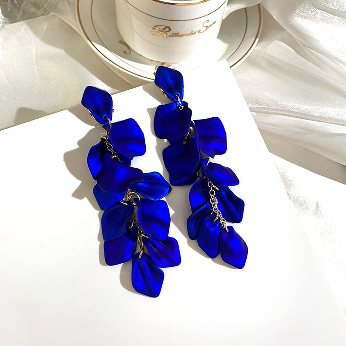 Yellow Chimes Elegant Latest Fashion Gold Plated Royal Blue Colour Flower Petals Design Dangler Earrings for Women and Girls, Medium (Model Number YCFJER-PETLDNG-BL)