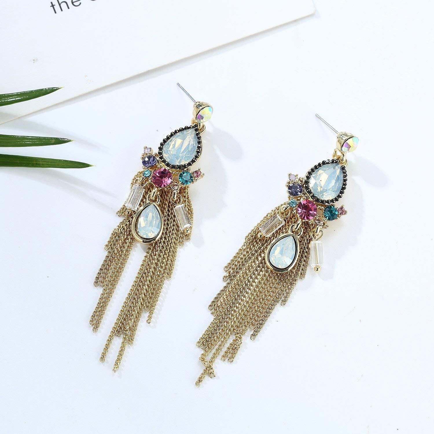 Yellow Chimes Latest Modal Multi Color Crystal Elements long Chain Tassel Earrings For Women