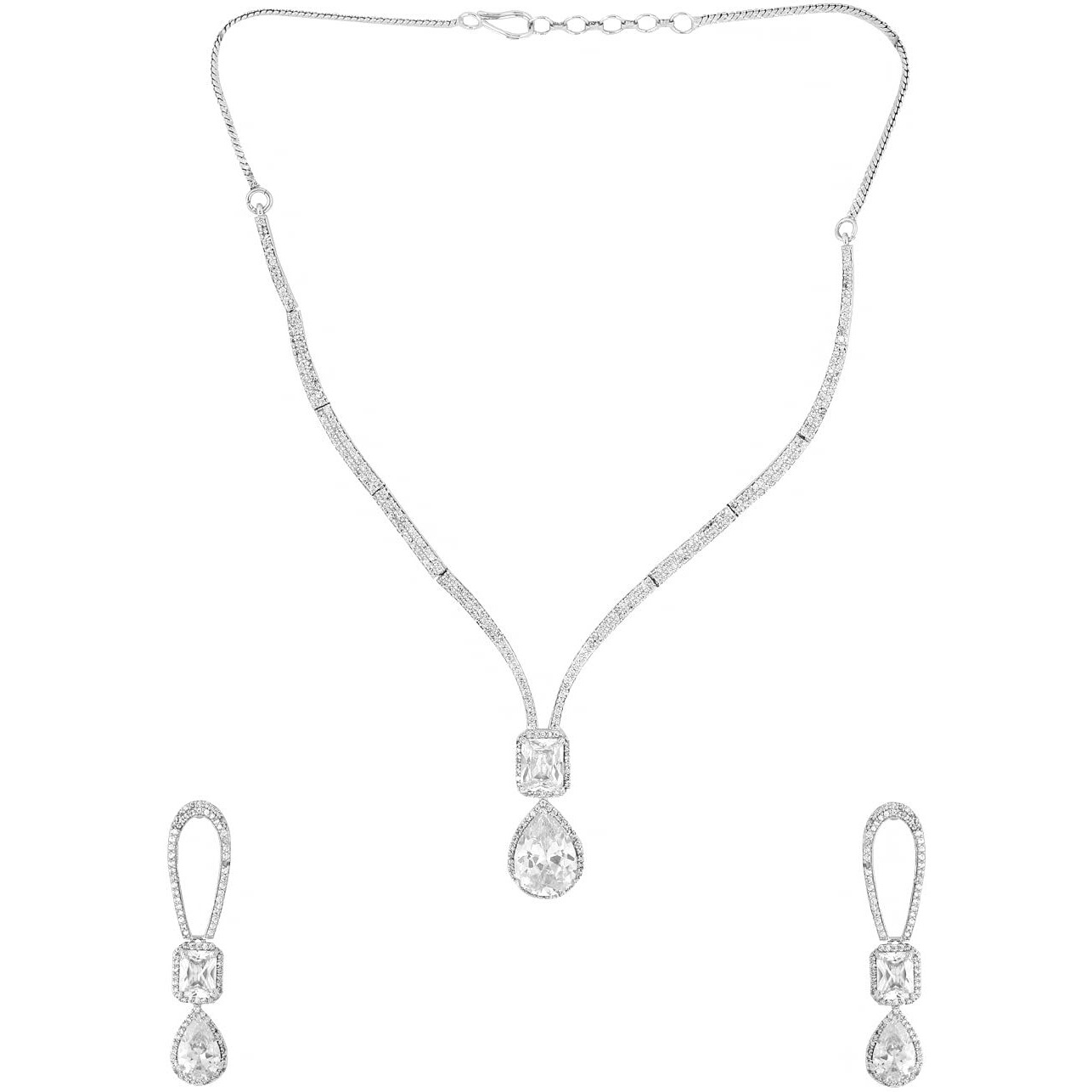 Yellow Chimes American Diamond Necklace Set For Women | White Stone Silver Jewellery Set For Women | Diamond Necklace Set | Birthday Gift for Girls Anniversary Gift for Wife