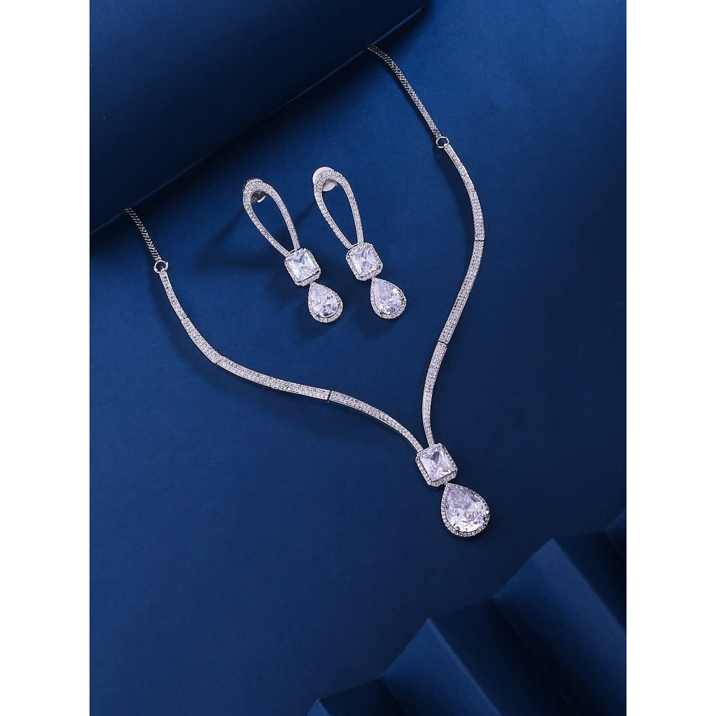 Yellow Chimes American Diamond Necklace Set For Women | White Stone Silver Jewellery Set For Women | Diamond Necklace Set | Birthday Gift for Girls Anniversary Gift for Wife