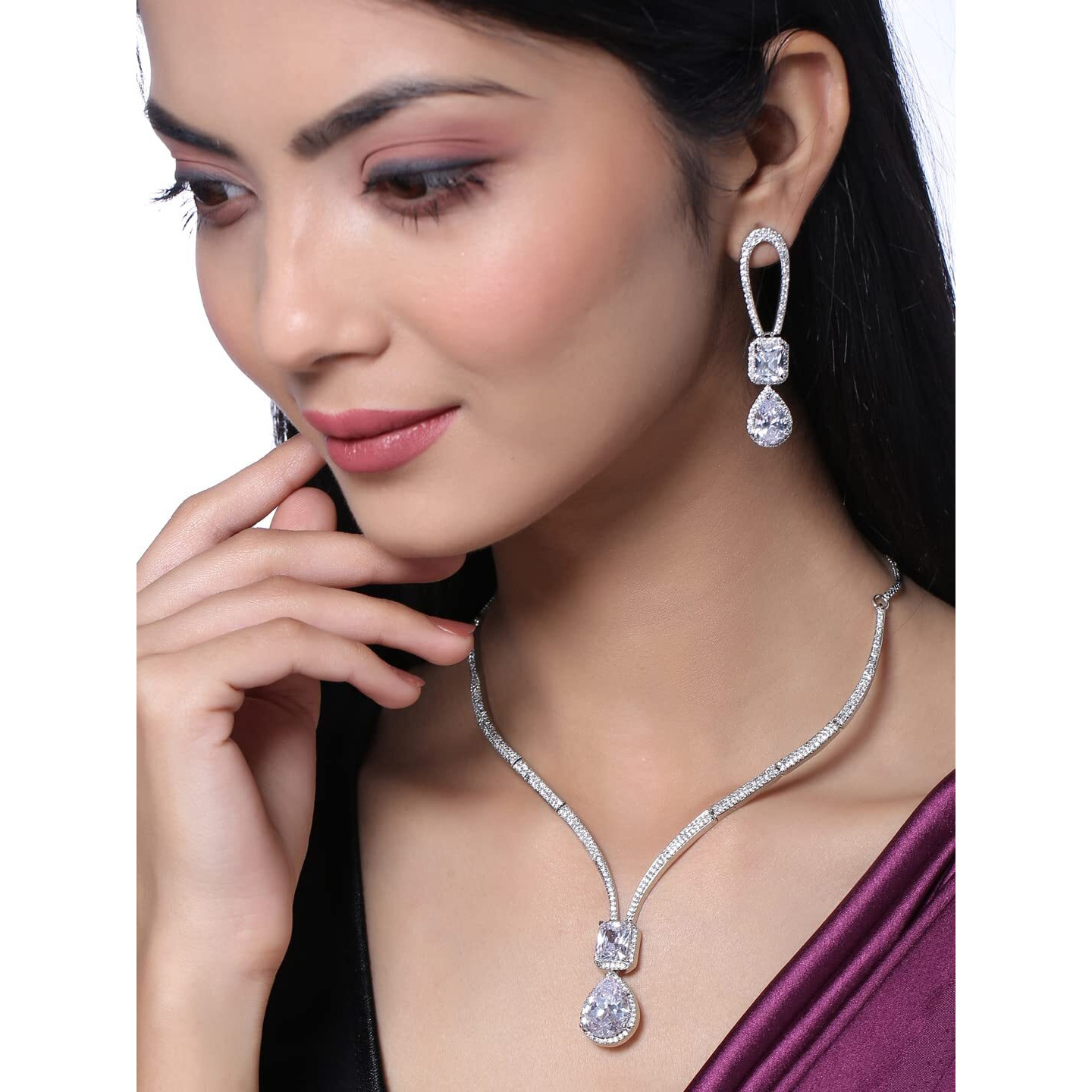 Yellow Chimes American Diamond Necklace Set For Women | White Stone Silver Jewellery Set For Women | Diamond Necklace Set | Birthday Gift for Girls Anniversary Gift for Wife