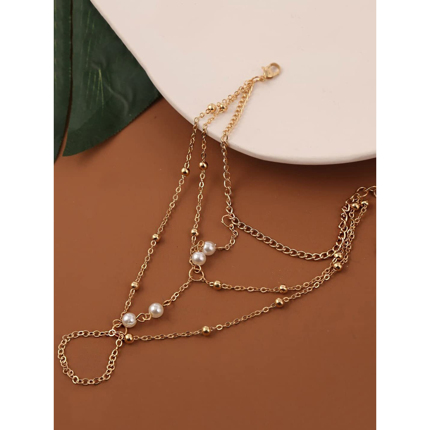 Yellow Chimes Ring Bracelet for Women and Girls Bohemia Layered Gold Pearl Finger Bracelet, Vintage Finger Chain Hand Bracelet for Women Girls