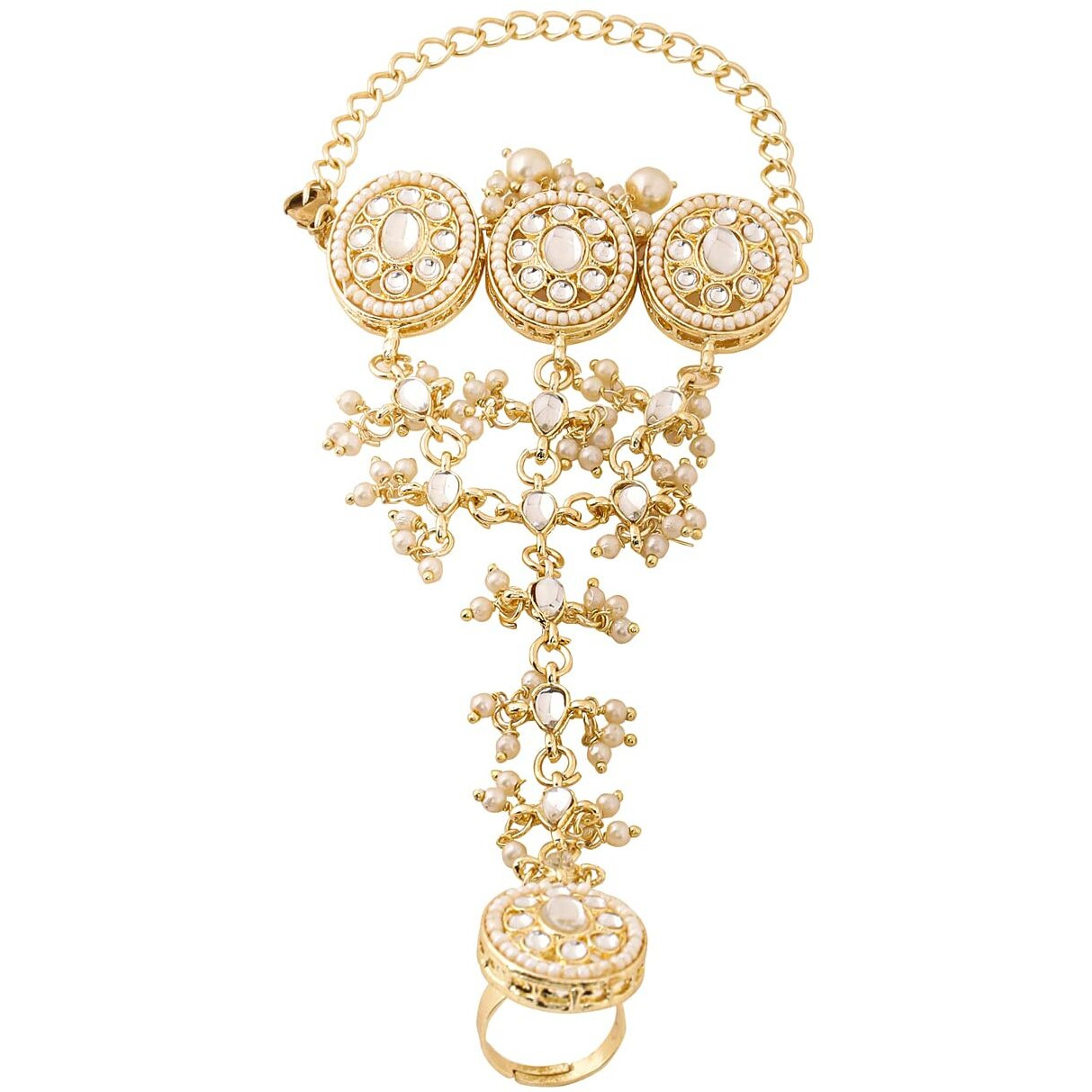 Yellow Chimes Haath Phool for Women Ring Bracelet Kundan Studded Traditional Gold Plated Panja/Adjustable Rings Bracelet for Women and Girls (Style-2)