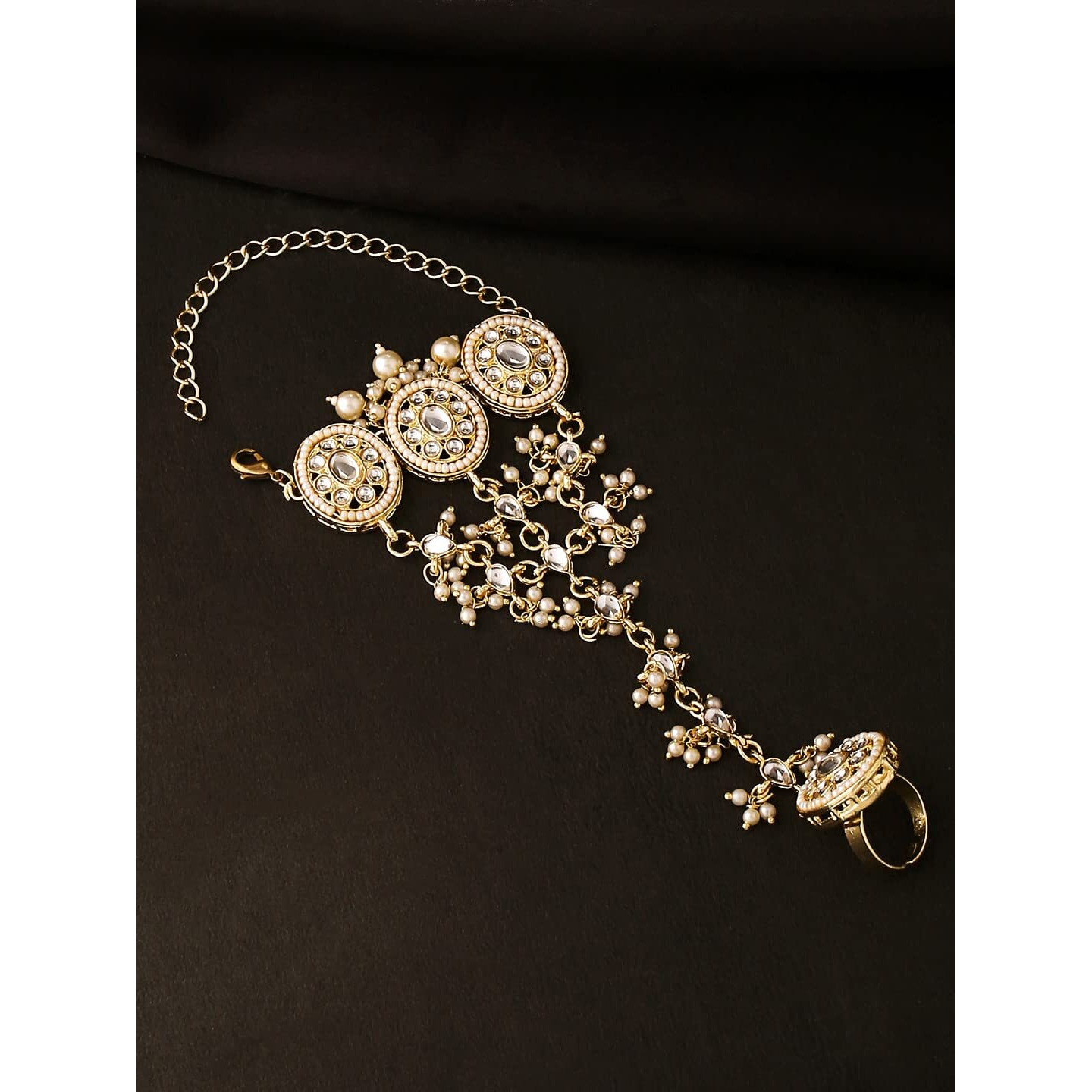 Yellow Chimes Haath Phool for Women Ring Bracelet Kundan Studded Traditional Gold Plated Panja/Adjustable Rings Bracelet for Women and Girls (Style-2)
