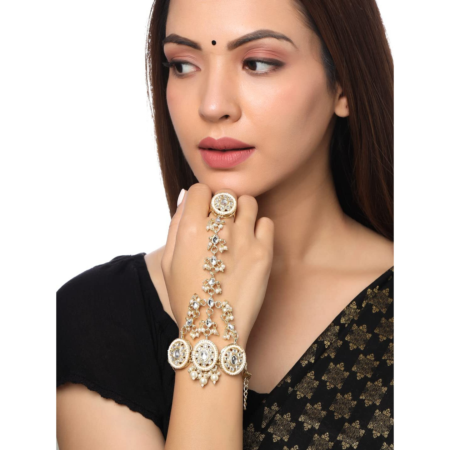 Yellow Chimes Haath Phool for Women Ring Bracelet Kundan Studded Traditional Gold Plated Panja/Adjustable Rings Bracelet for Women and Girls (Style-2)