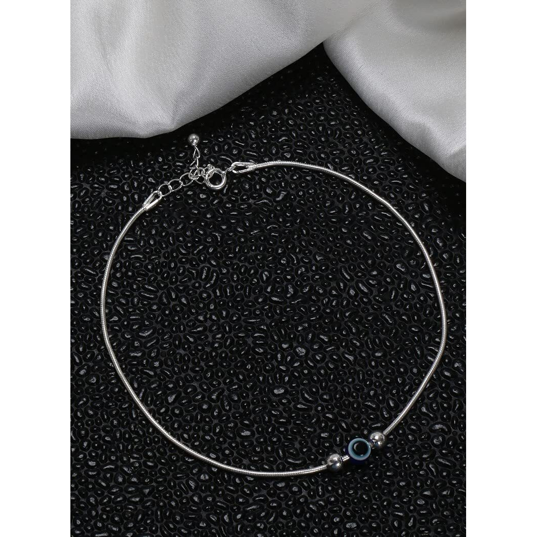 NEMICHAND JEWELS Pure 925 Silver Evil Eye Ball Anklet Payal for Women (1PC) (10 inch + extention)