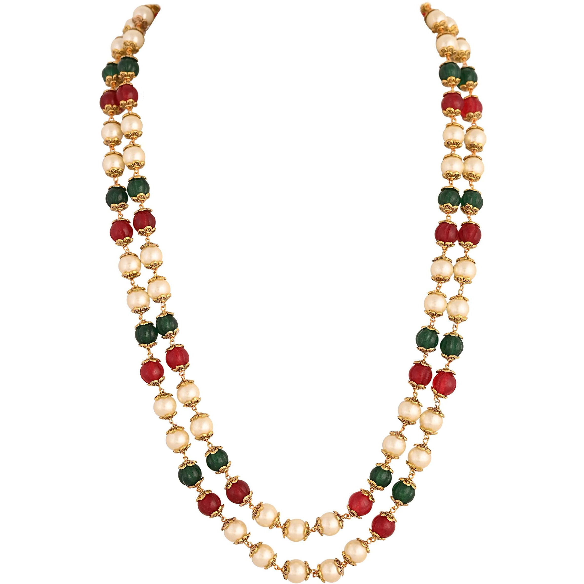 Ratnavali Jewels Double Line Red Green 8mm Golden Pearl Beads Mala Necklace For Women/Girls