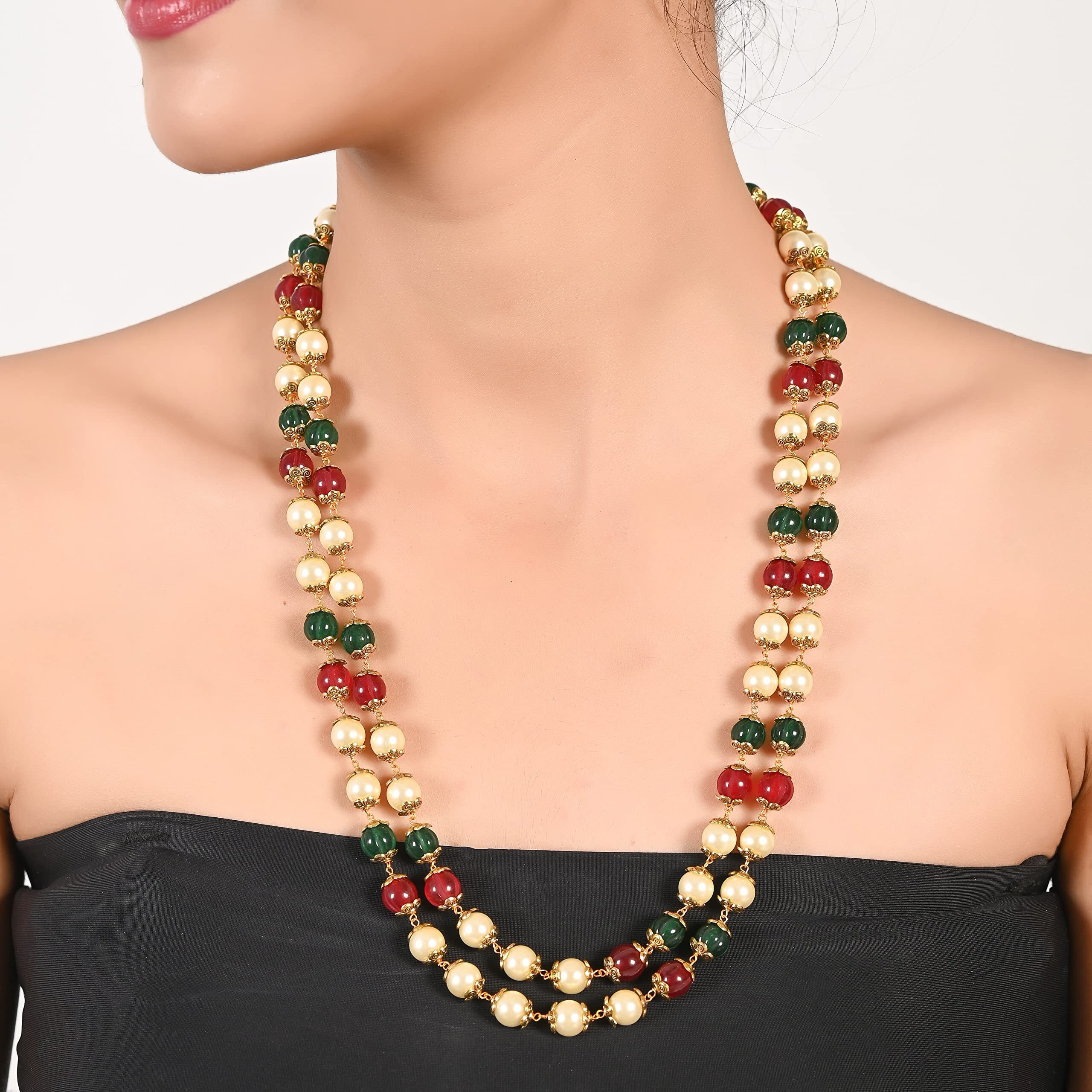 Ratnavali Jewels Double Line Red Green 8mm Golden Pearl Beads Mala Necklace For Women/Girls