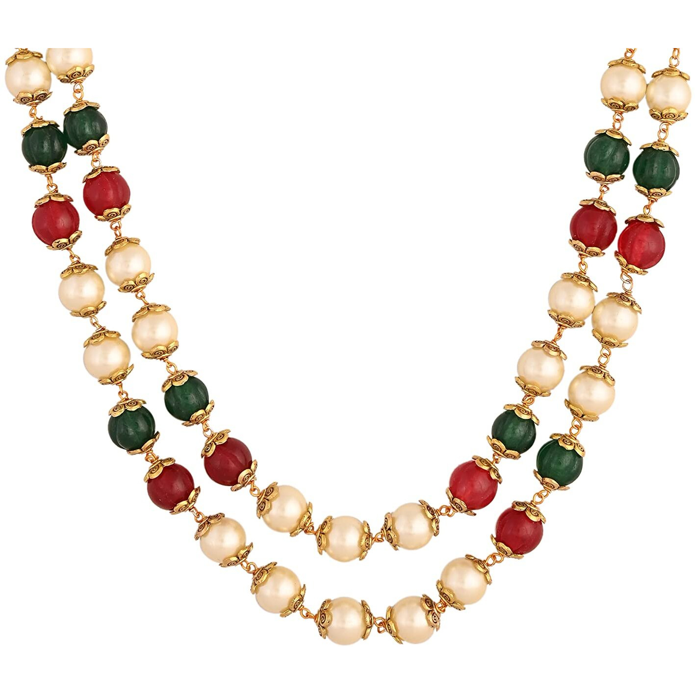 Ratnavali Jewels Double Line Red Green 8mm Golden Pearl Beads Mala Necklace For Women/Girls
