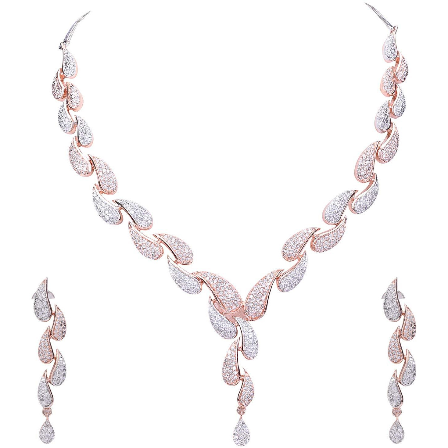 Ratnavali Jewels American Diamond CZ Rose Gold Plated Designer Jewellery Set/Necklace Set with Chain & Earring for Girls/Women (RV3382RG)