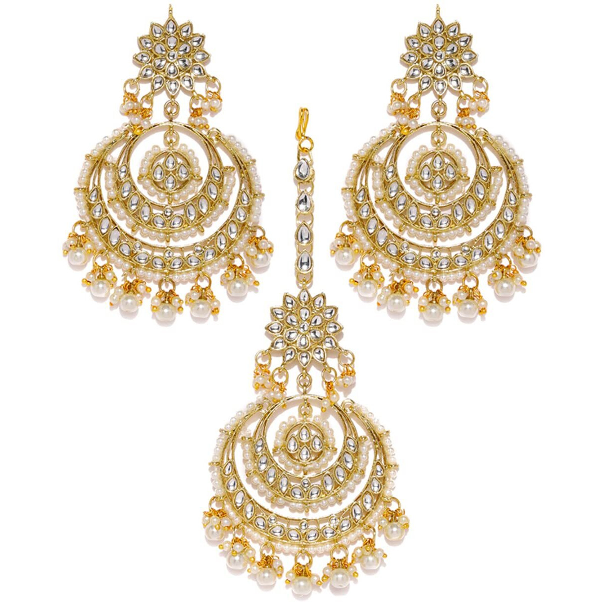 ZAVERI PEARLS Gold Tone Kundan & Pearls Traditional Earring & Maangtikka Set For Women-ZPFK8541