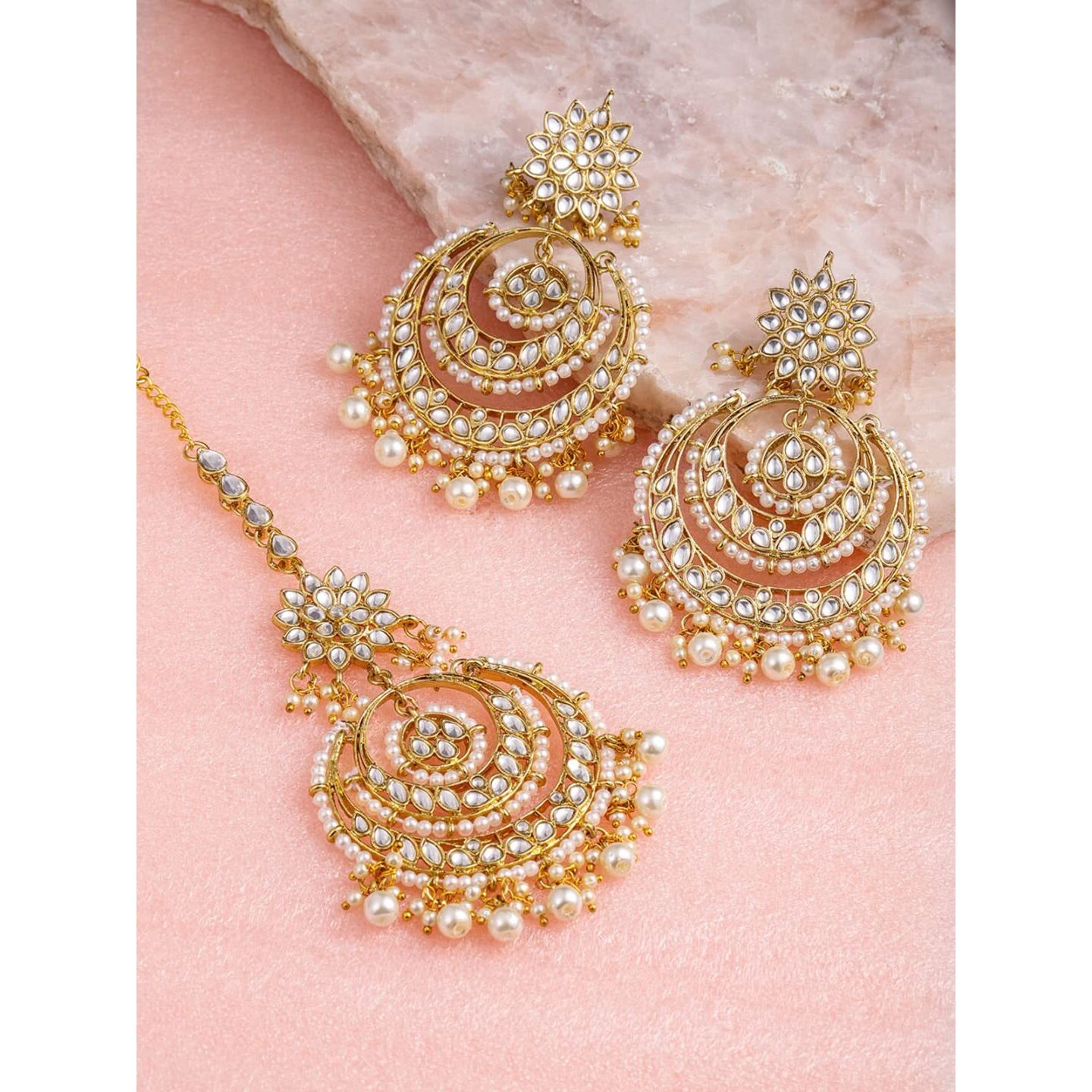 ZAVERI PEARLS Gold Tone Kundan & Pearls Traditional Earring & Maangtikka Set For Women-ZPFK8541