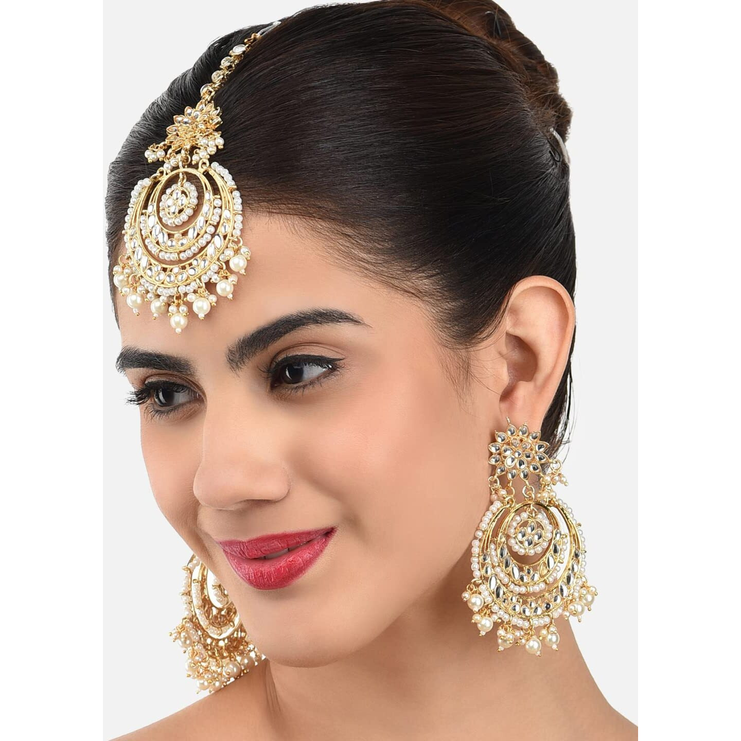 ZAVERI PEARLS Gold Tone Kundan & Pearls Traditional Earring & Maangtikka Set For Women-ZPFK8541