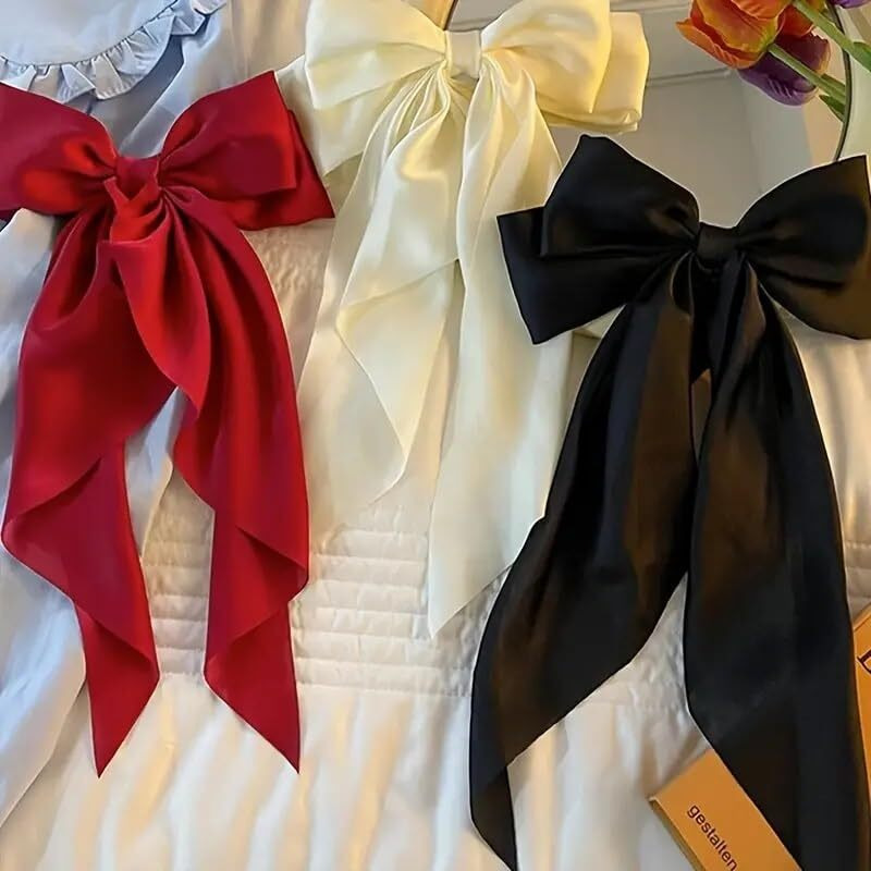 Starvis Hair Bow Women Satin Silky Layered Hair Barrettes with Big Ribbon Bow Clip for Women and Girls Large Vintage Hair Accessories French Style (White-black-red-3pcs)