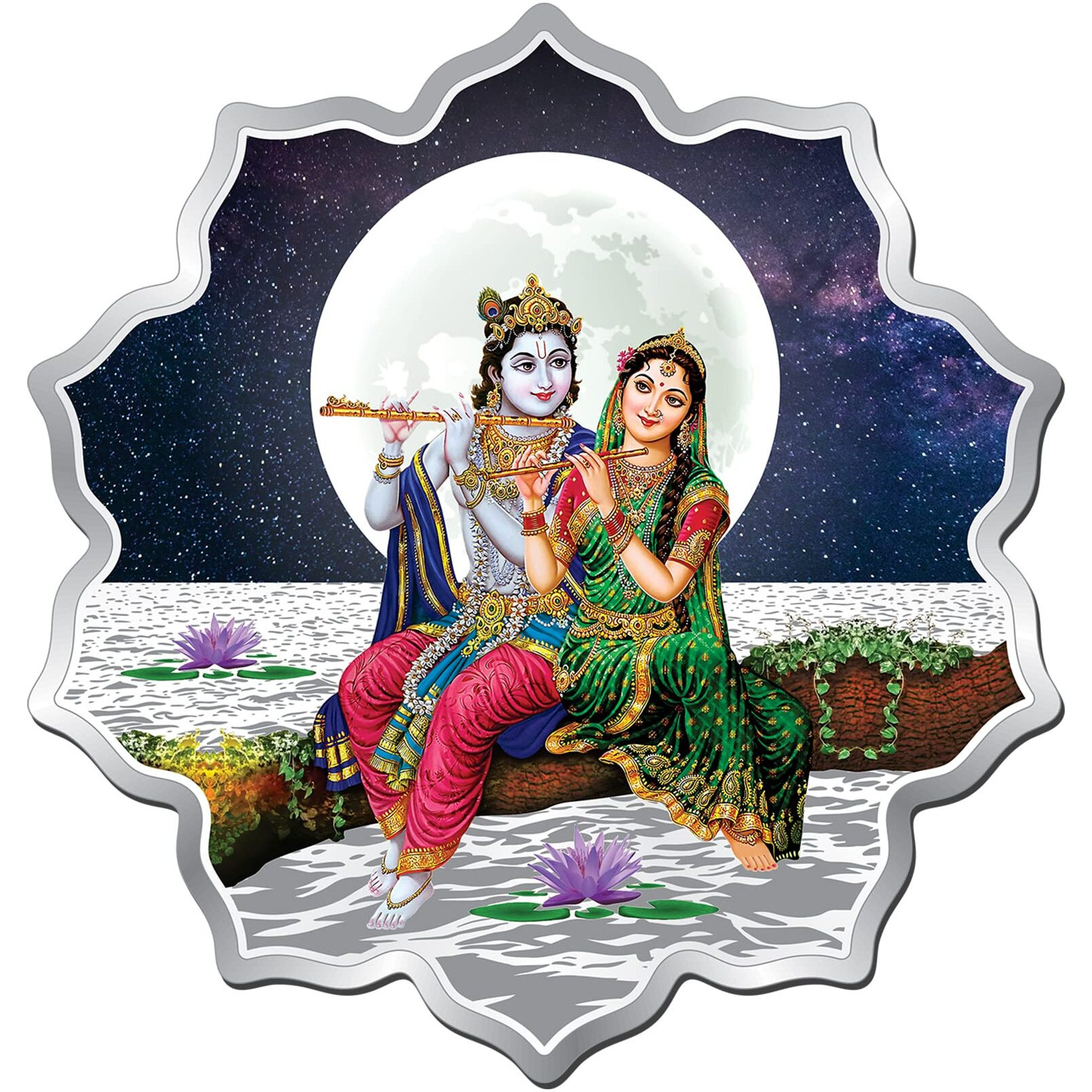 ACPL Precious Moments BIS Hallmarked Radha Krishna lotus Design 50 Gram 999 Pure Silver Coin with Gift Box