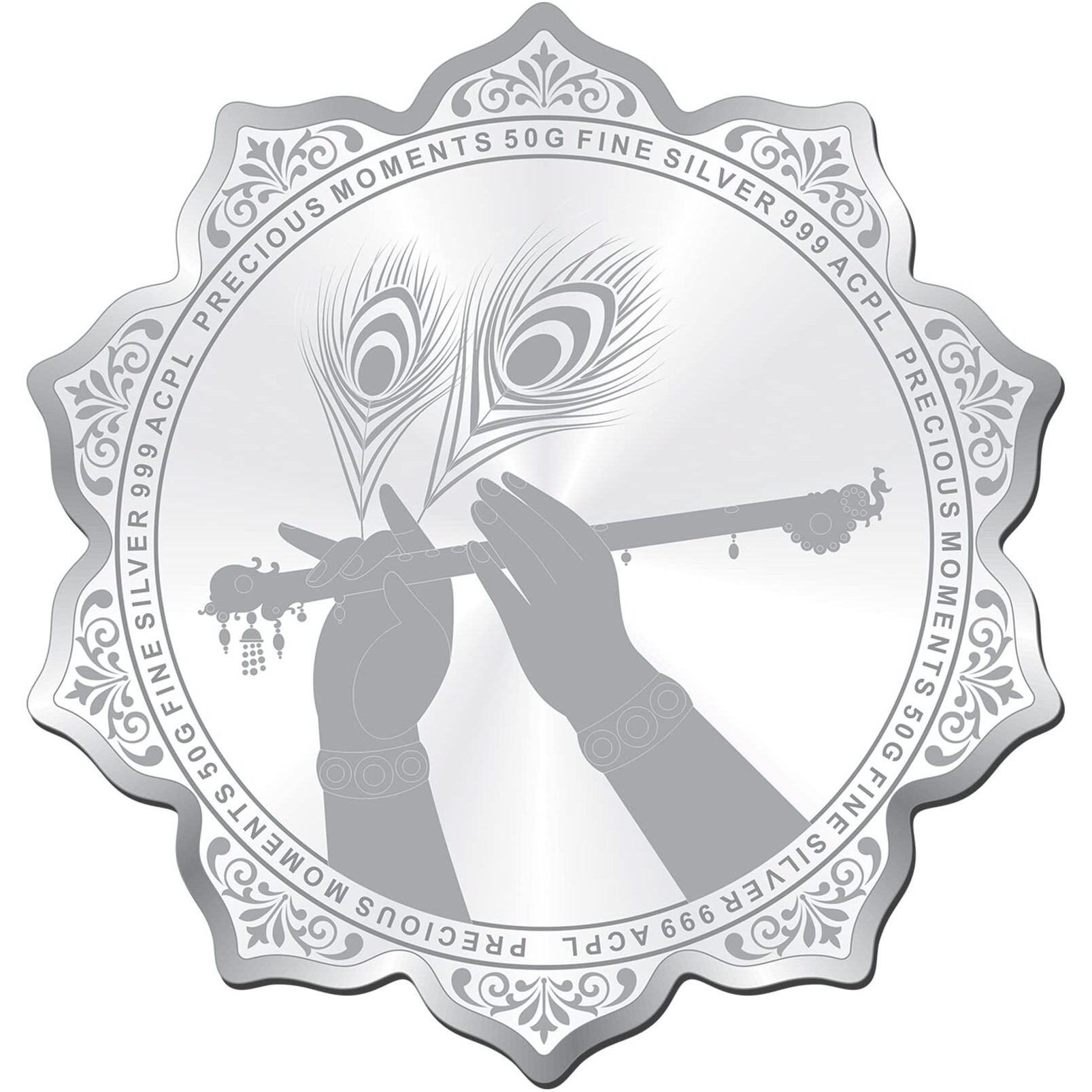 ACPL Precious Moments BIS Hallmarked Radha Krishna lotus Design 50 Gram 999 Pure Silver Coin with Gift Box