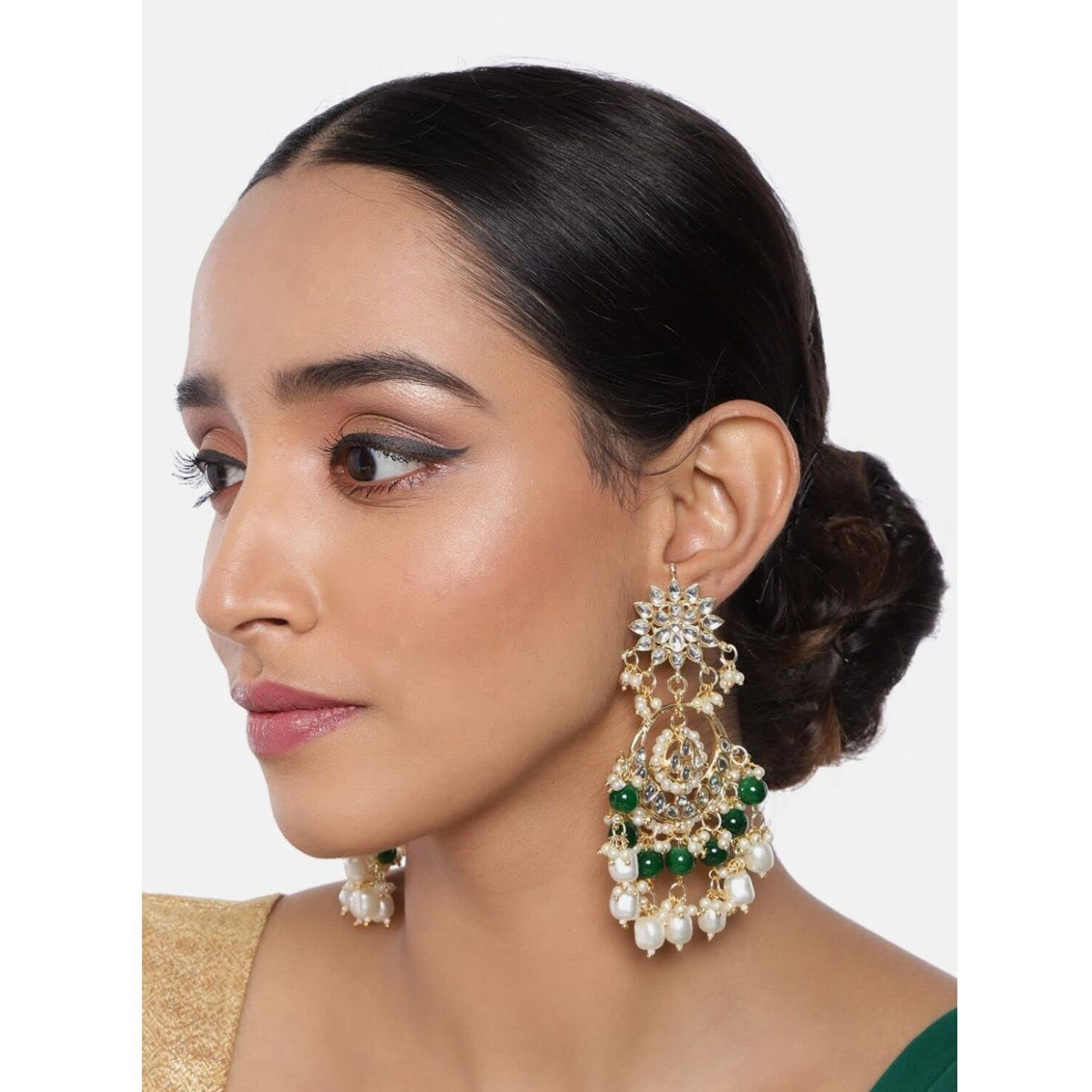 I Jewels 18K Gold Plated Traditional Handcrafted Pearl Kundan Beaded Chandbali Earrings for Women/Girls (E2916G)