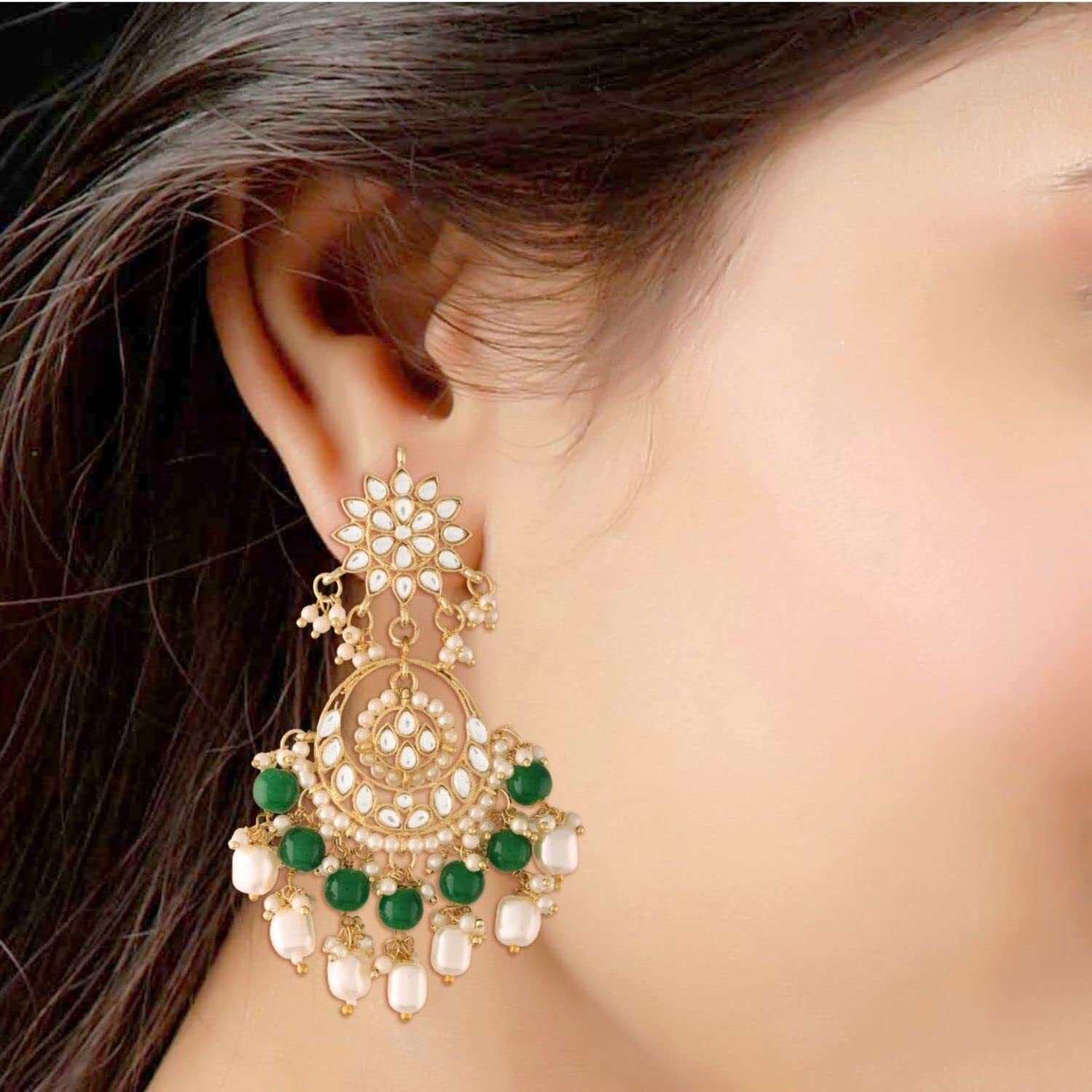 I Jewels 18K Gold Plated Traditional Handcrafted Pearl Kundan Beaded Chandbali Earrings for Women/Girls (E2916G)