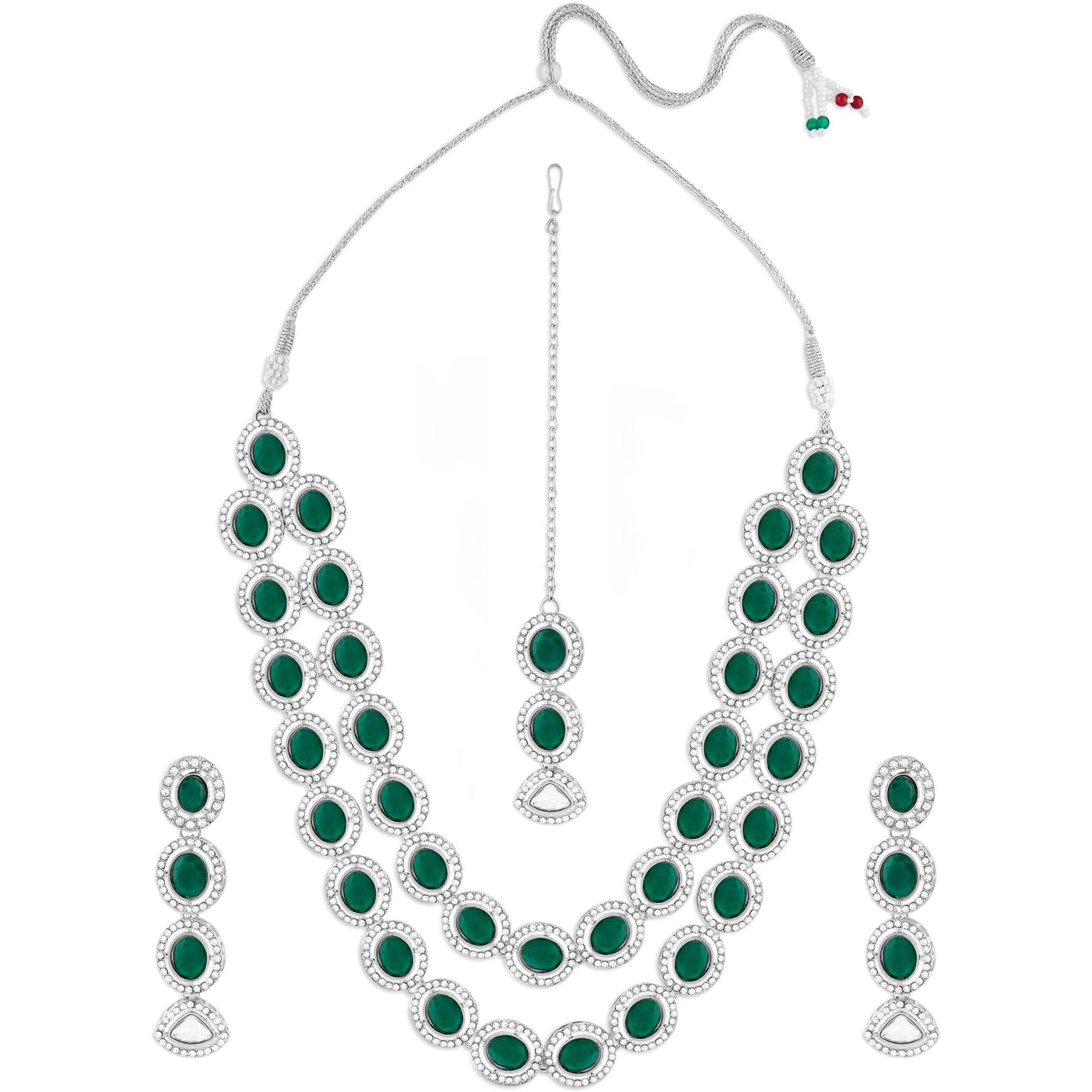 ZAVERI PEARLS Green Stones Dazzling Austrian Diamonds Layered Necklace Earring & Maangtikka Set For Women-ZPFK17569