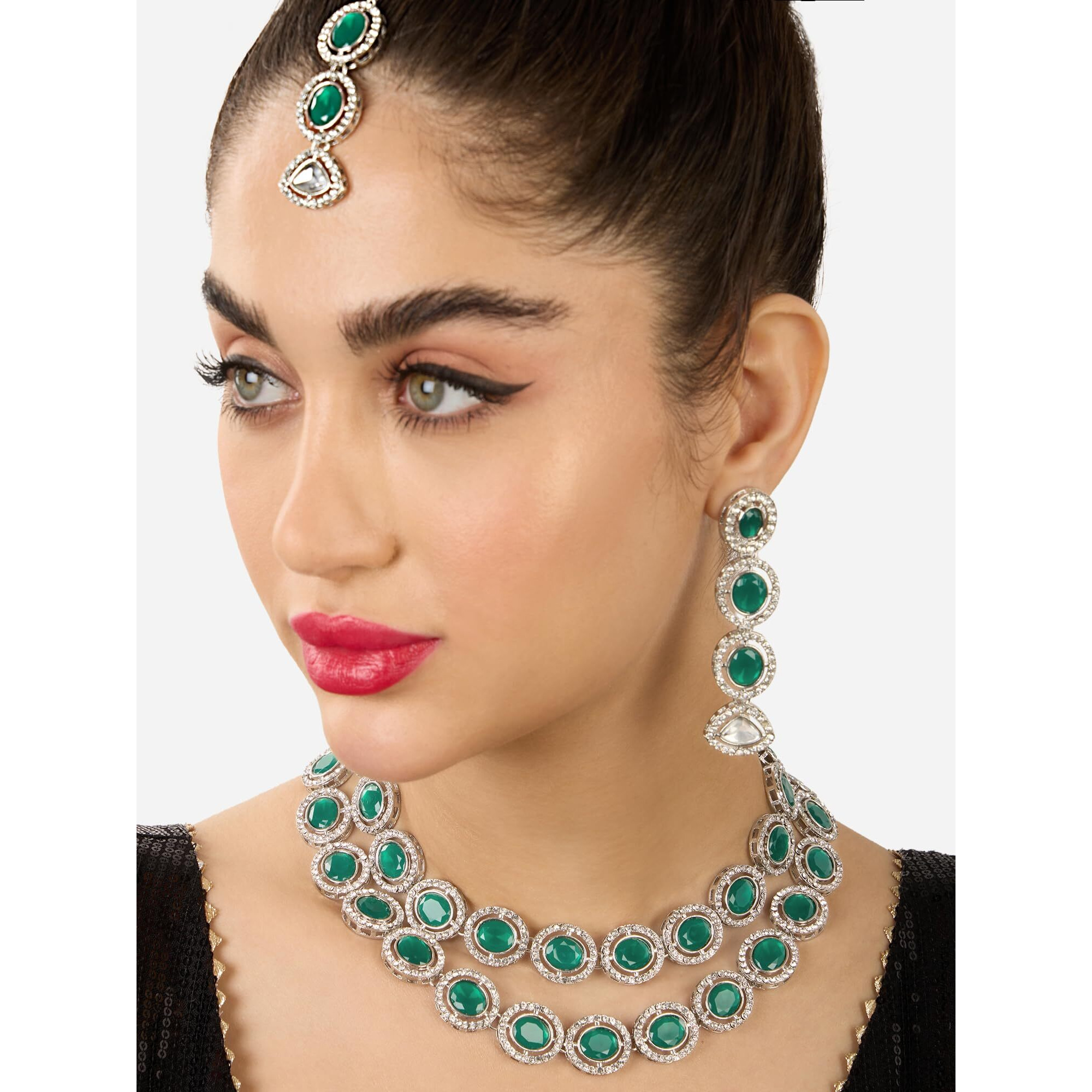 ZAVERI PEARLS Green Stones Dazzling Austrian Diamonds Layered Necklace Earring & Maangtikka Set For Women-ZPFK17569