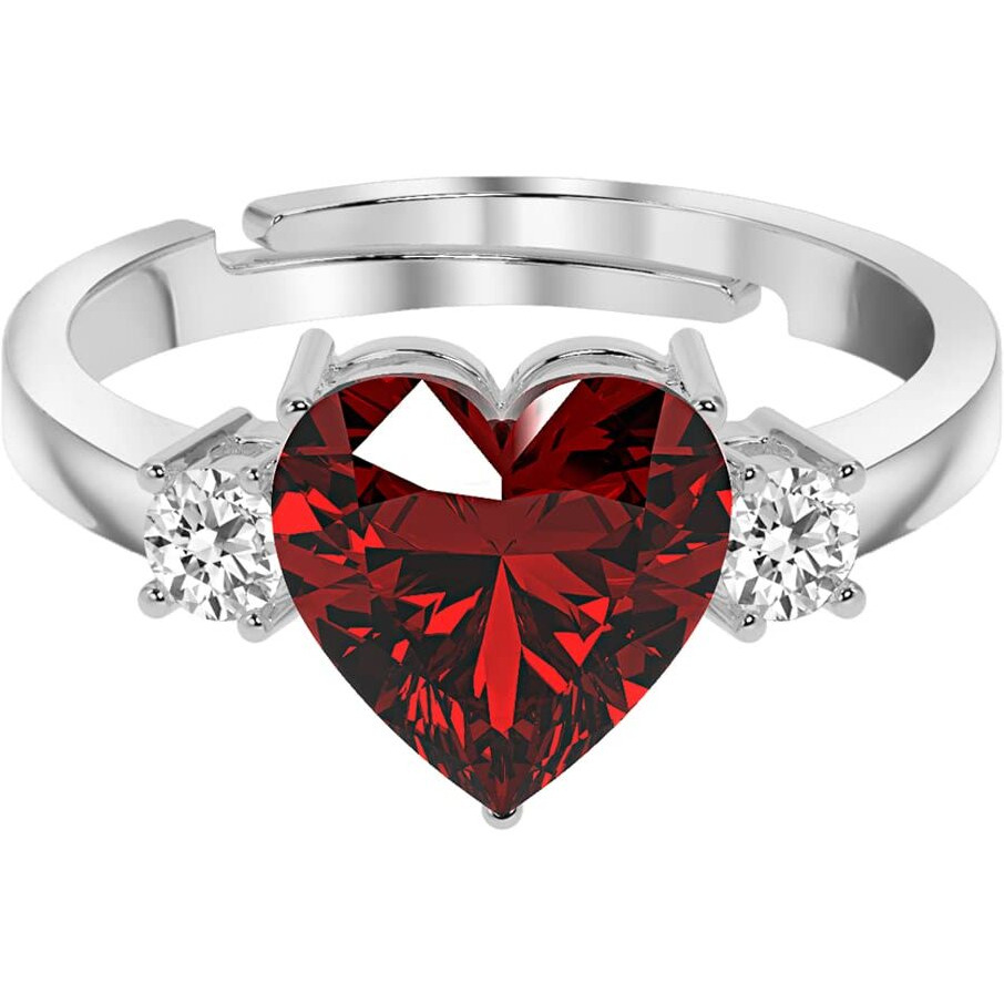 CLARA 925 Sterling Silver Blood Red Heart Ring with Adjustable Band | Rhodium Plated, Swiss Zirconia | Gift for Women & Girls