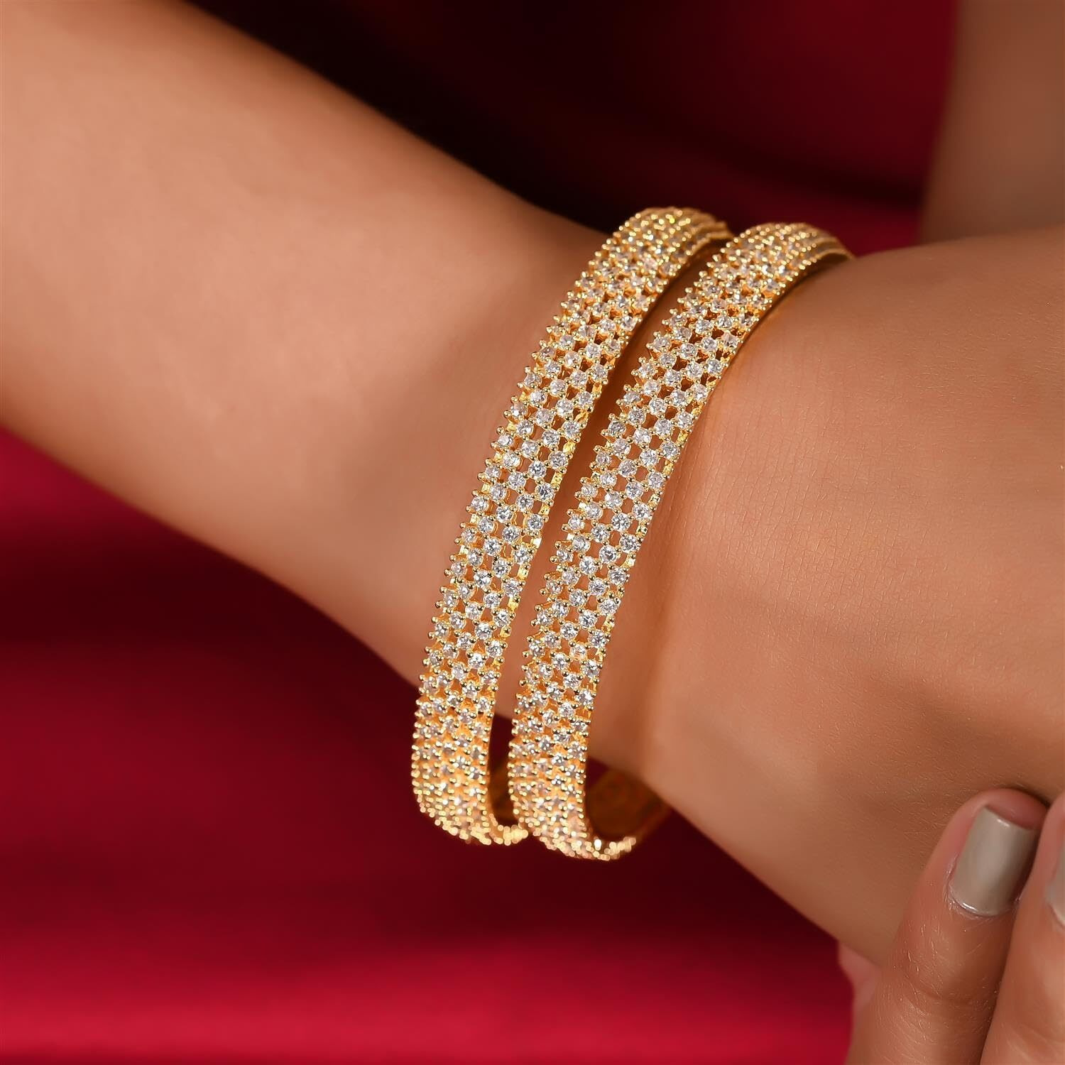 Ratnavali Jewels Brass Gold Plated and Cubic Zirconia Bangles for Women (Set of 2) (White)