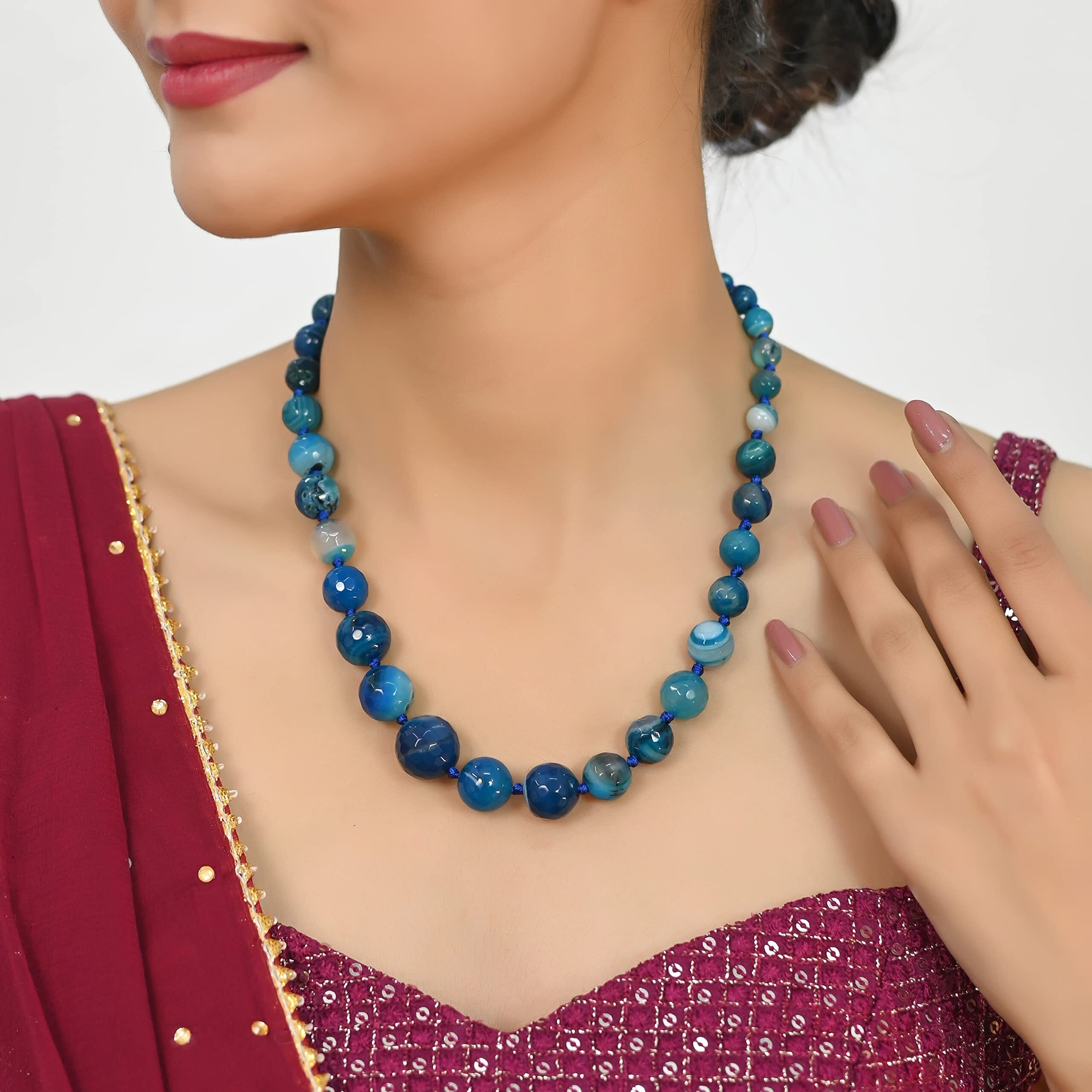 RATNAVALI JEWELS Designer Blue Agate Onyx Stone Beads Necklace Single Line for Women and Girls RV2973B