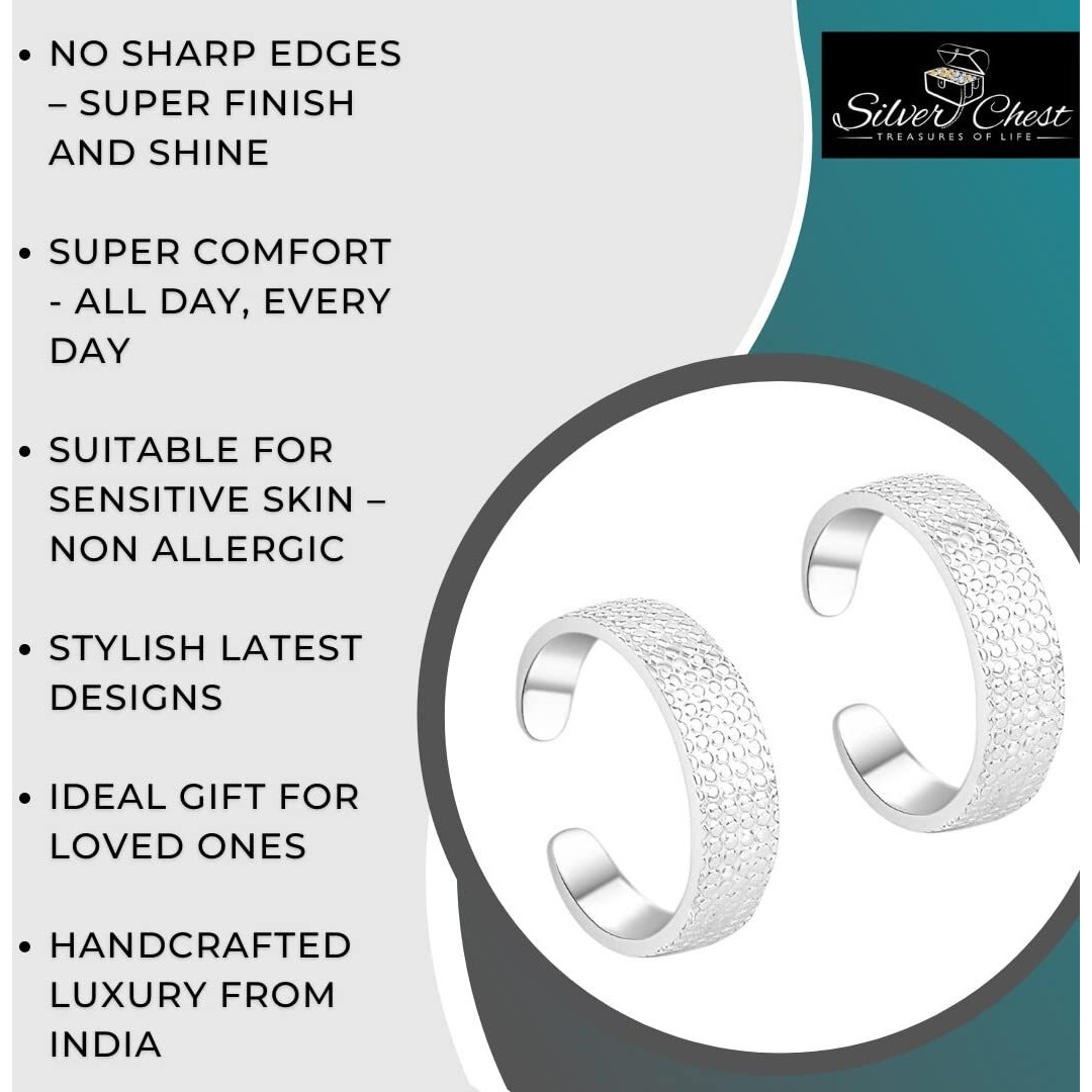 Silver Chest 925 Toe Ring Silver For Women - Pair of 2 Adjustable Size Self Design Sterling Silver Toe Rings Bands
