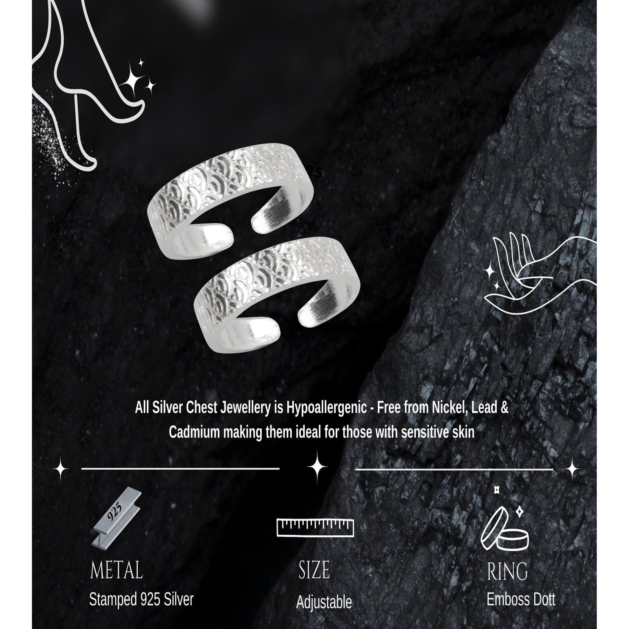 Silver Chest 925 Sterling Silver Toe Ring Pair For Womens Elegant Self Design Silver Bands