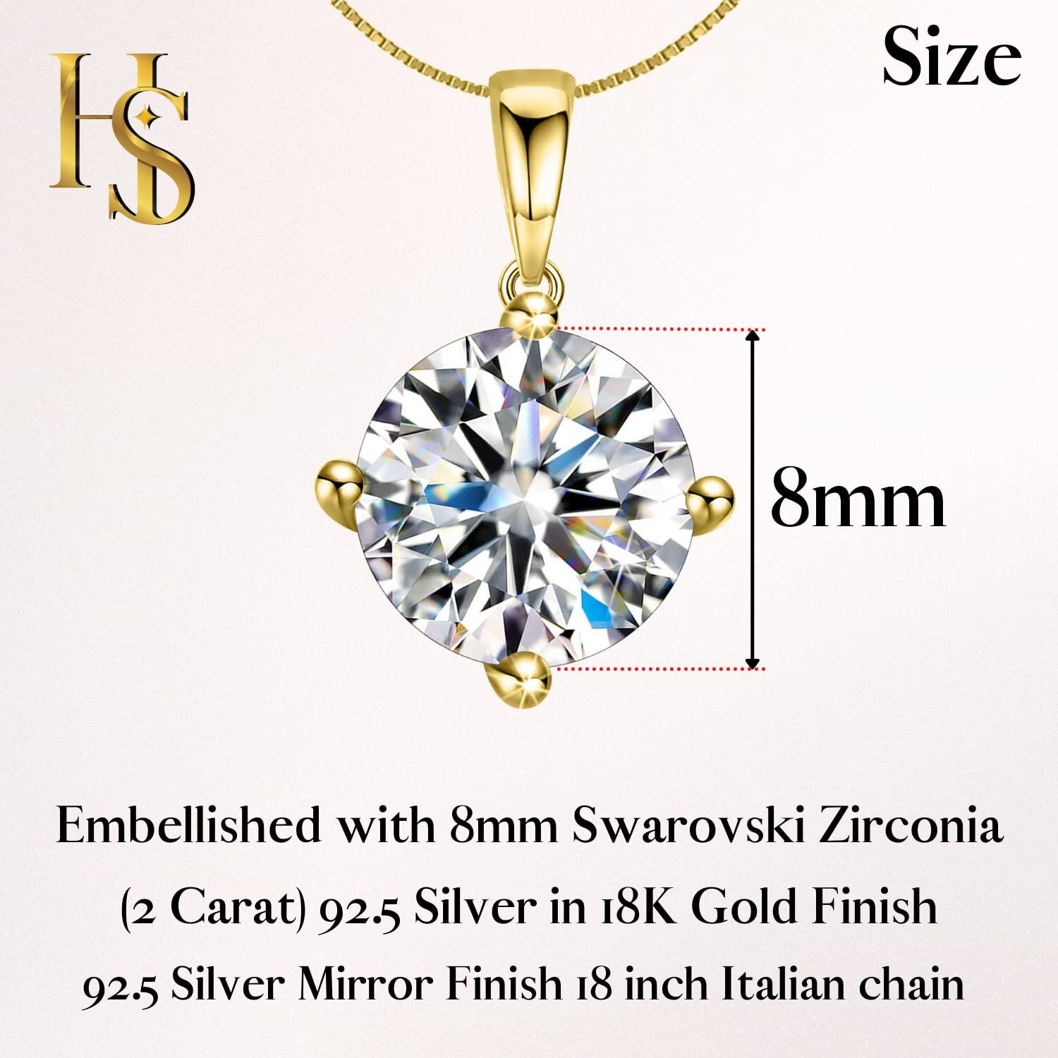 HighSpark Women 925 Silver Solitaire Pendant With Chain In Gold Finish | 92.5 Sterling Silver & Diamond Like Brilliance Sparkling Zirconia For That Stunning Shine | Lovely Gift - Gold 8Mm