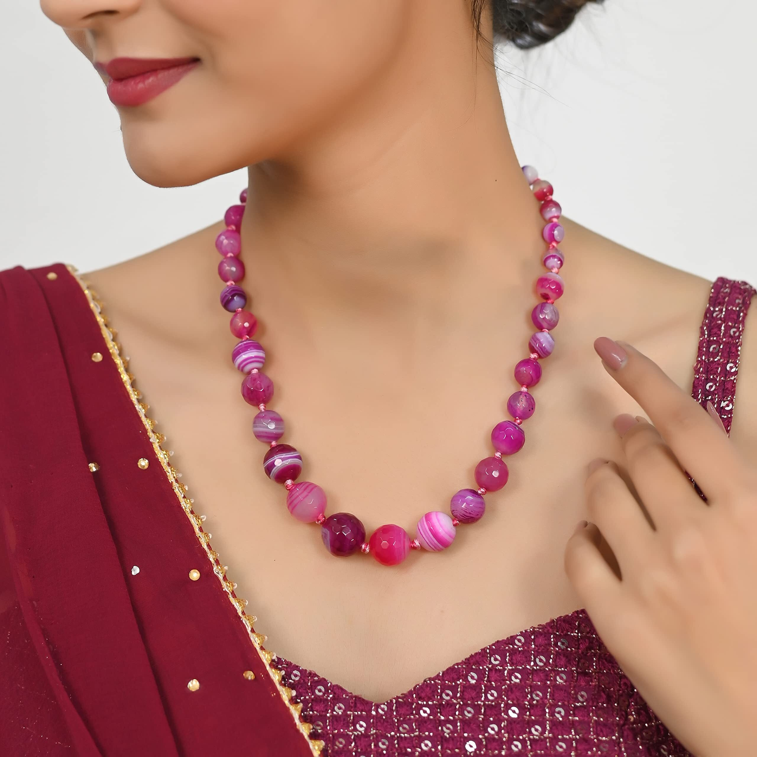 Ratnavali Jewels Designer Pink Leheriya Onyx Stone Beads Necklace Single Line for Women & Girls RV2973 (Pink)