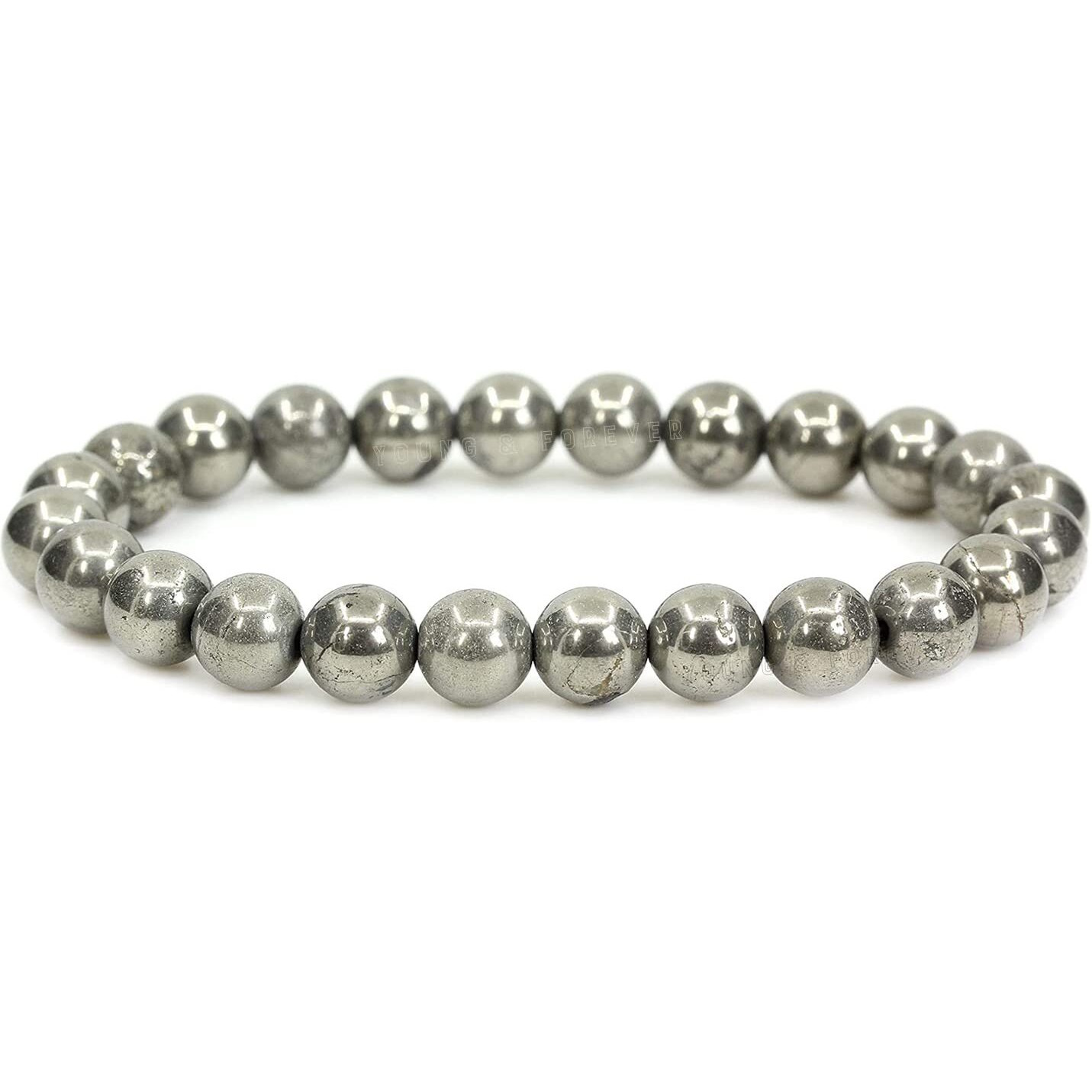 Young & Forever AAA Quality Natural Pyrite Gemstone 8mm Round Beaded Handmade Stretchable Bracelet, Protection Healing Crystal Bracelet, Money Attract Pyrite Bracelet for Mens, Women