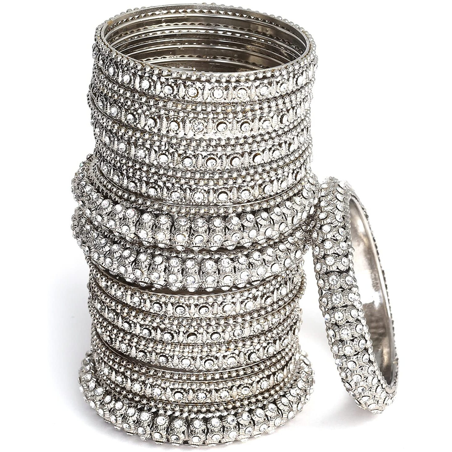 ZENEME Fashion Jewellery Traditional Silver Plated Oxidized Bracelet Bangles Set for Girls and Women (Silver, 2.6)