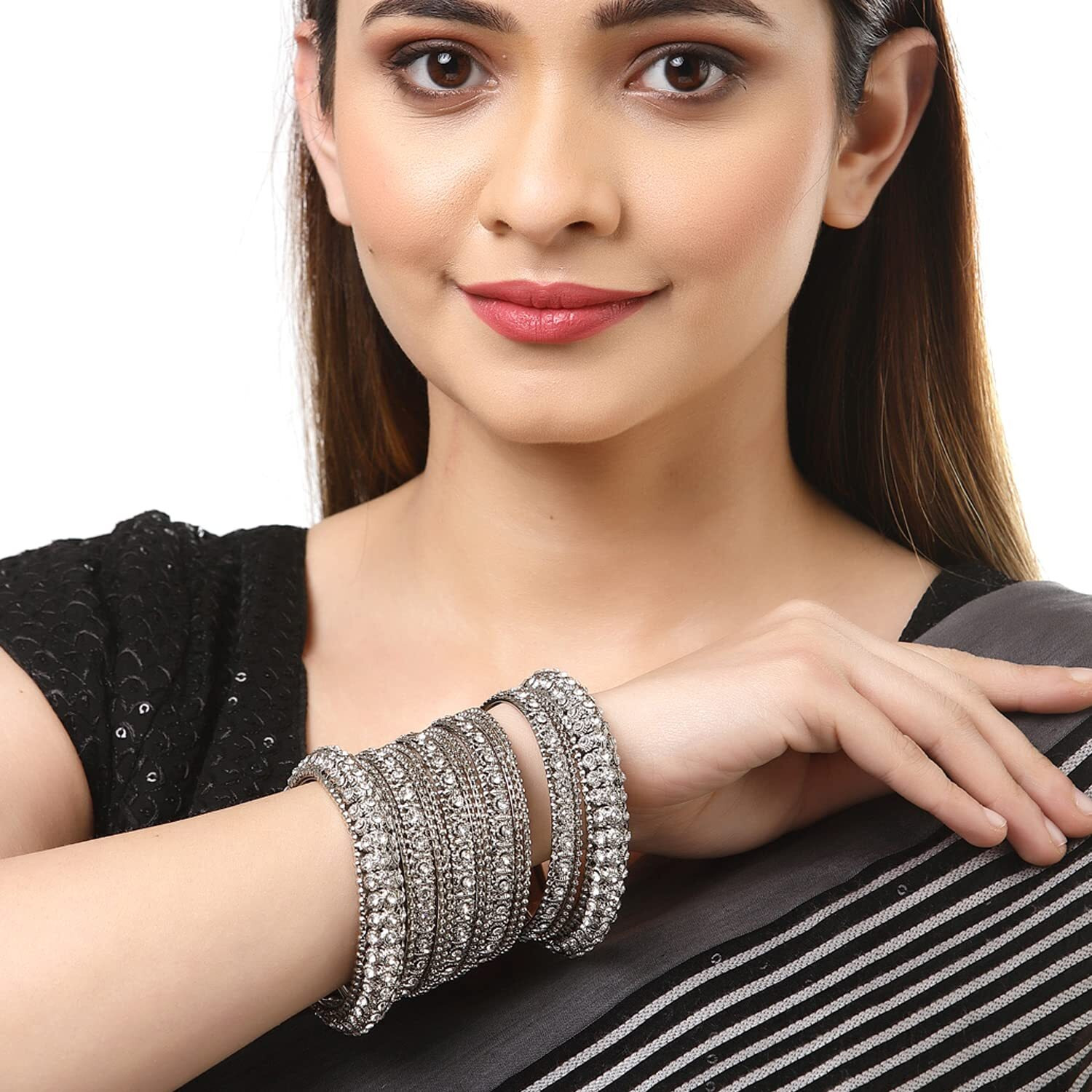 ZENEME Fashion Jewellery Traditional Silver Plated Oxidized Bracelet Bangles Set for Girls and Women (Silver, 2.6)