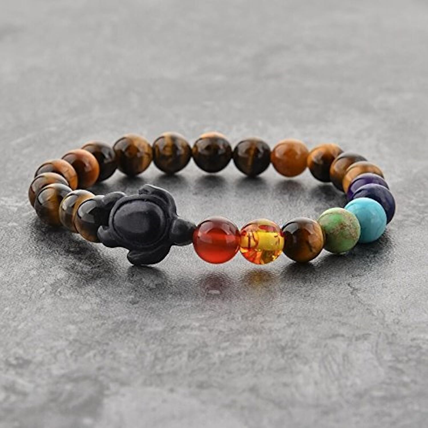 Hot And Bold 7 Chakra Triple Protection Bracelet Natural Stones With Certificate Of Authenticity For Unisex Adult (Tiger Eye Lucky Turtle 7 Chakra)