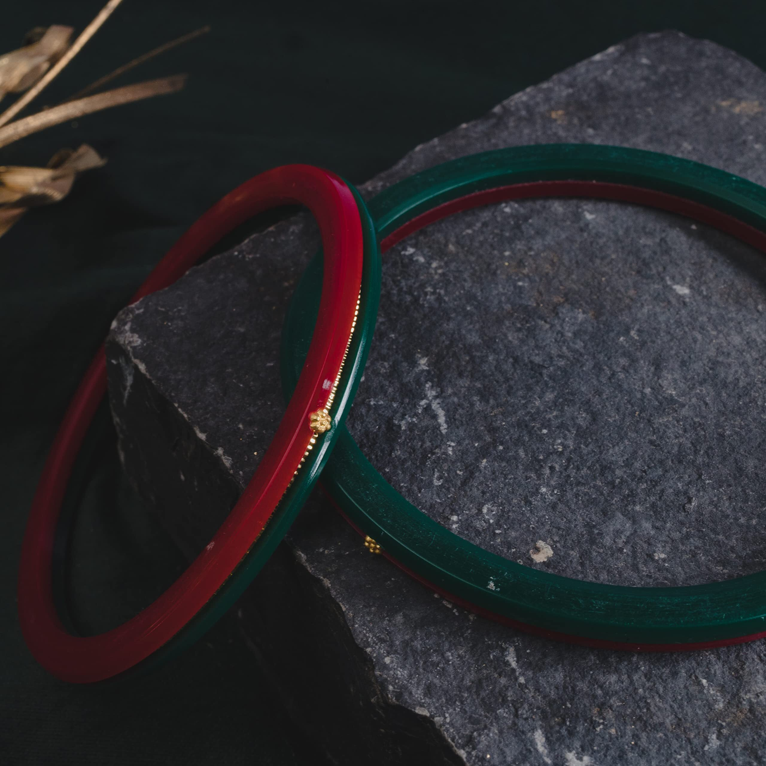 Hem Jewels by Ashok Jewellers 22kt (916) Yellow Gold Handmade Pola Bangles/Wedding Chooda/Churas for Women with Purity Certificate (Set of 2pcs) - Red Green (2.8 Aani)
