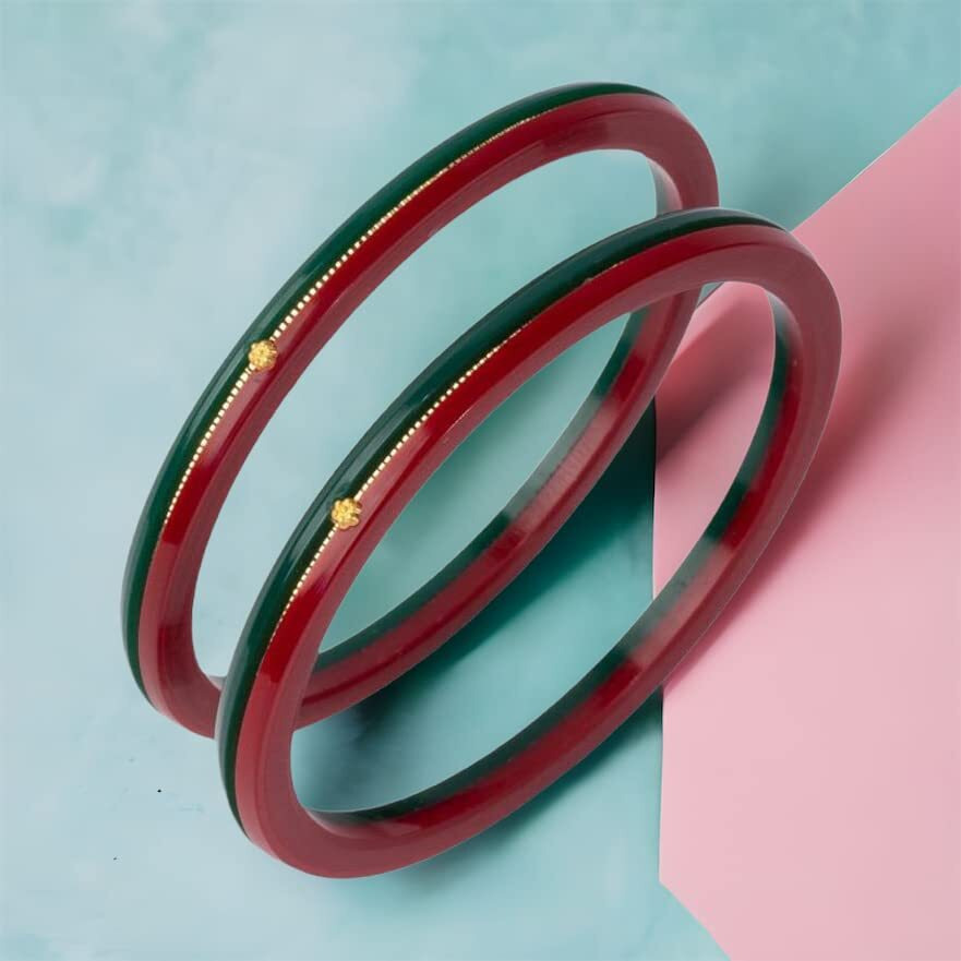 Hem Jewels by Ashok Jewellers 22kt (916) Yellow Gold Handmade Pola Bangles/Wedding Chooda/Churas for Women with Purity Certificate (Set of 2pcs) - Red Green (2.8 Aani)