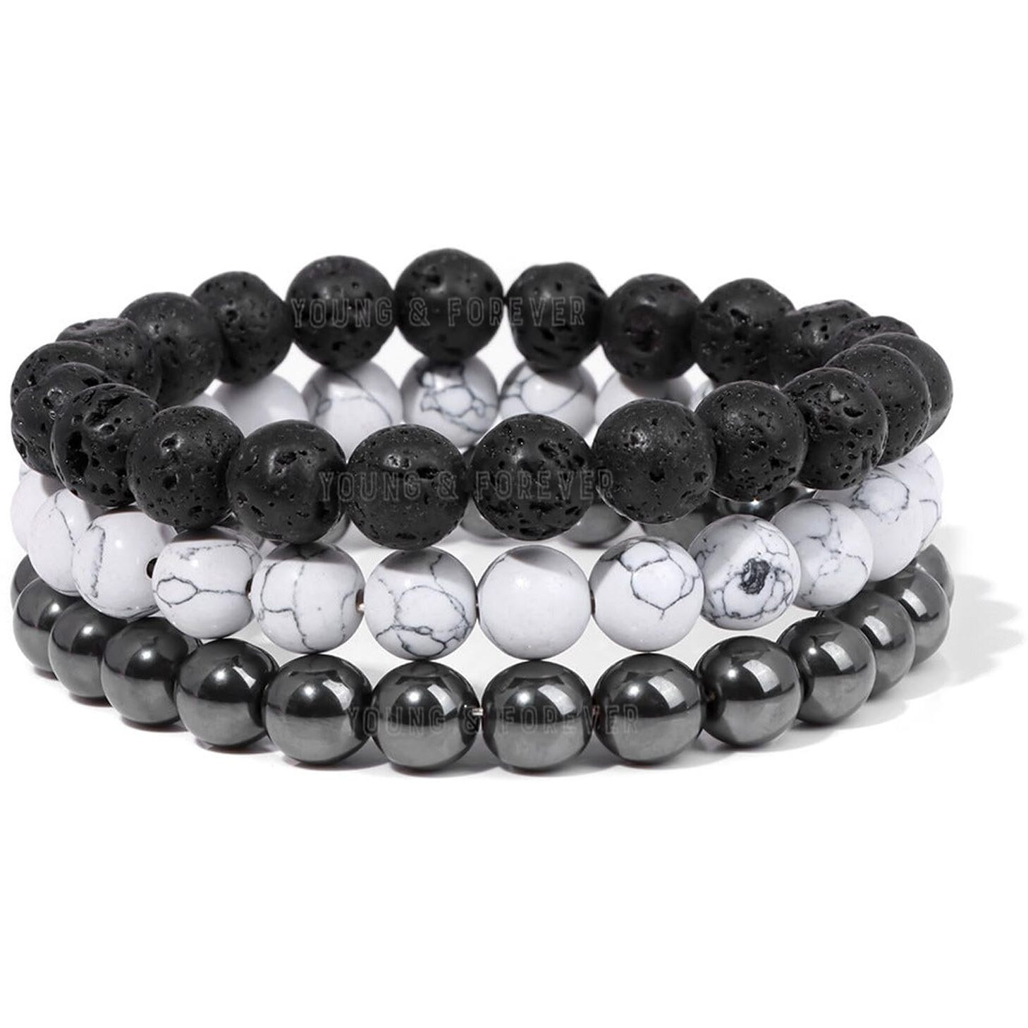 Young & Forever Reiki Crystal Beads Bracelets Original Lava Rock Howlite and Hematite Set of 3 Bracelet Set